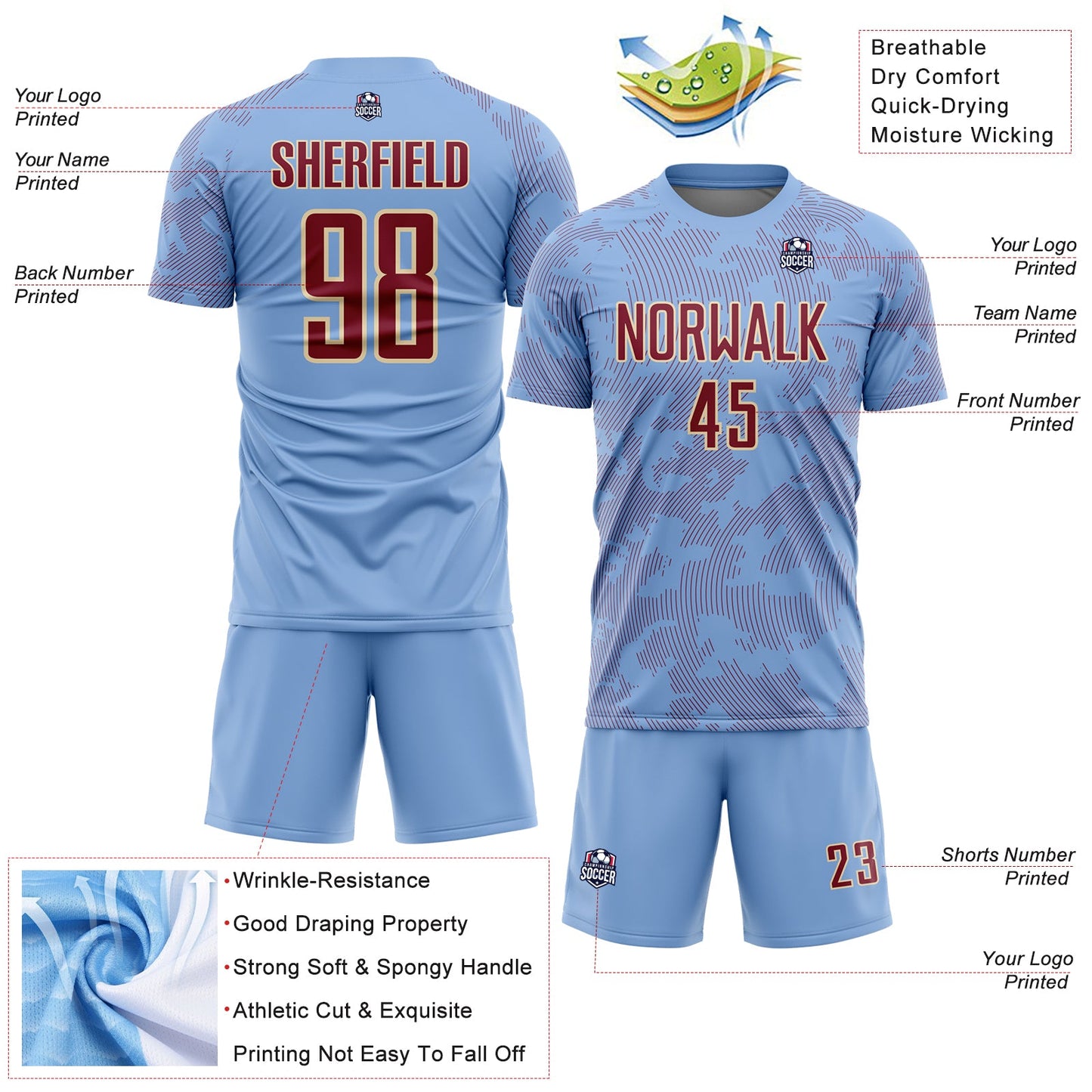 Custom Light Blue Crimson-Cream Curve Lines Sublimation Soccer Uniform Jersey view 4