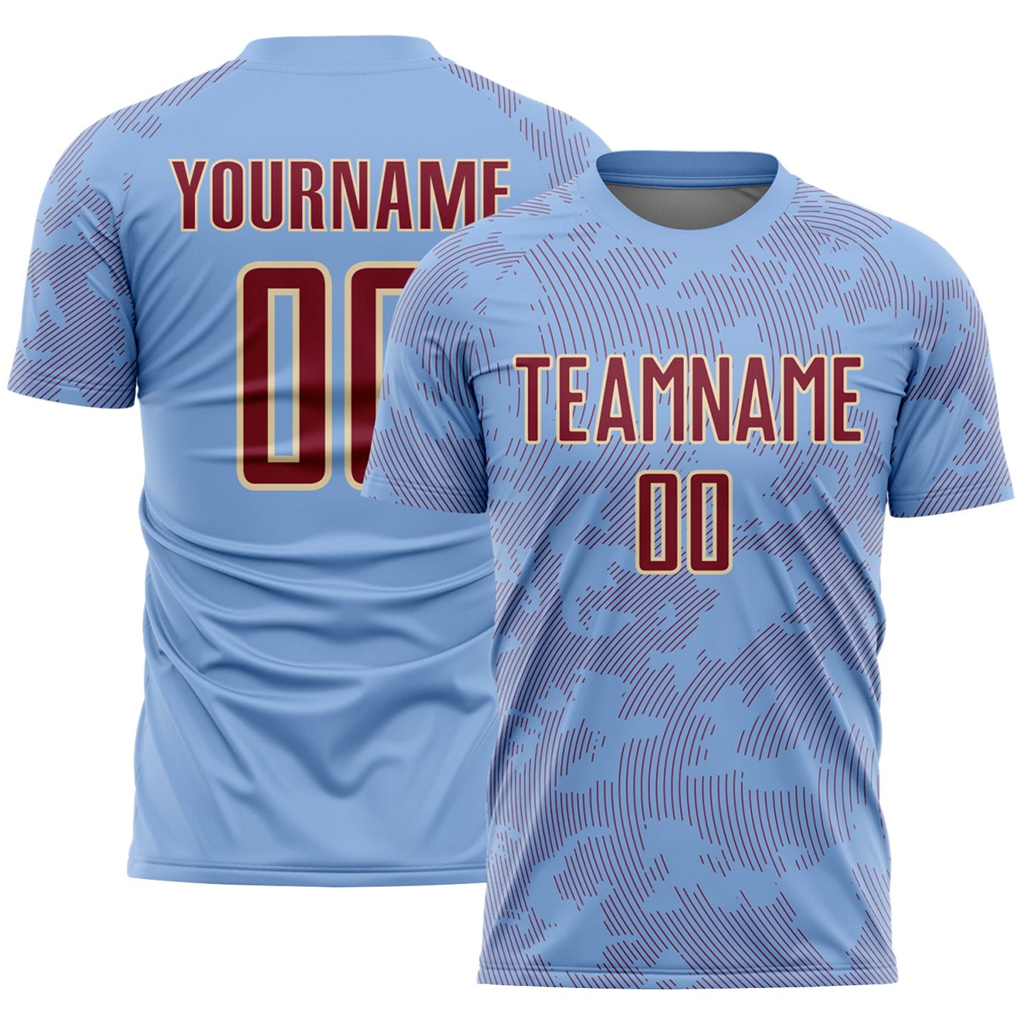 Custom Light Blue Crimson-Cream Curve Lines Sublimation Soccer Uniform Jersey - Main View