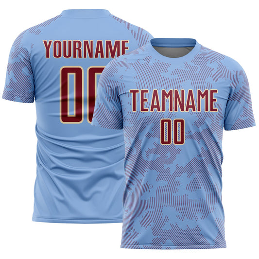 Custom Light Blue Crimson-Cream Curve Lines Sublimation Soccer Uniform Jersey - Main View