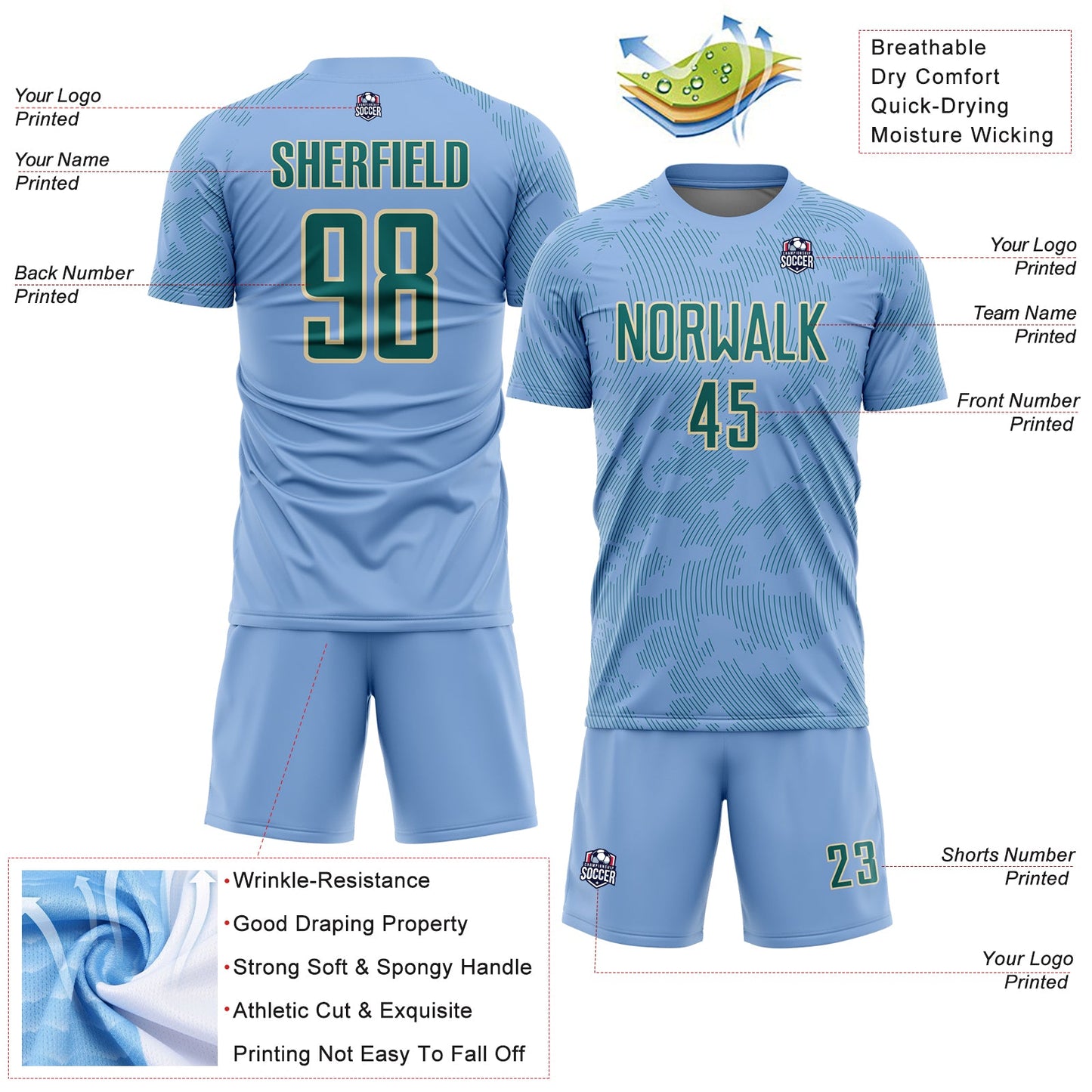 Custom Light Blue Teal-Cream Curve Lines Sublimation Soccer Uniform Jersey view 4
