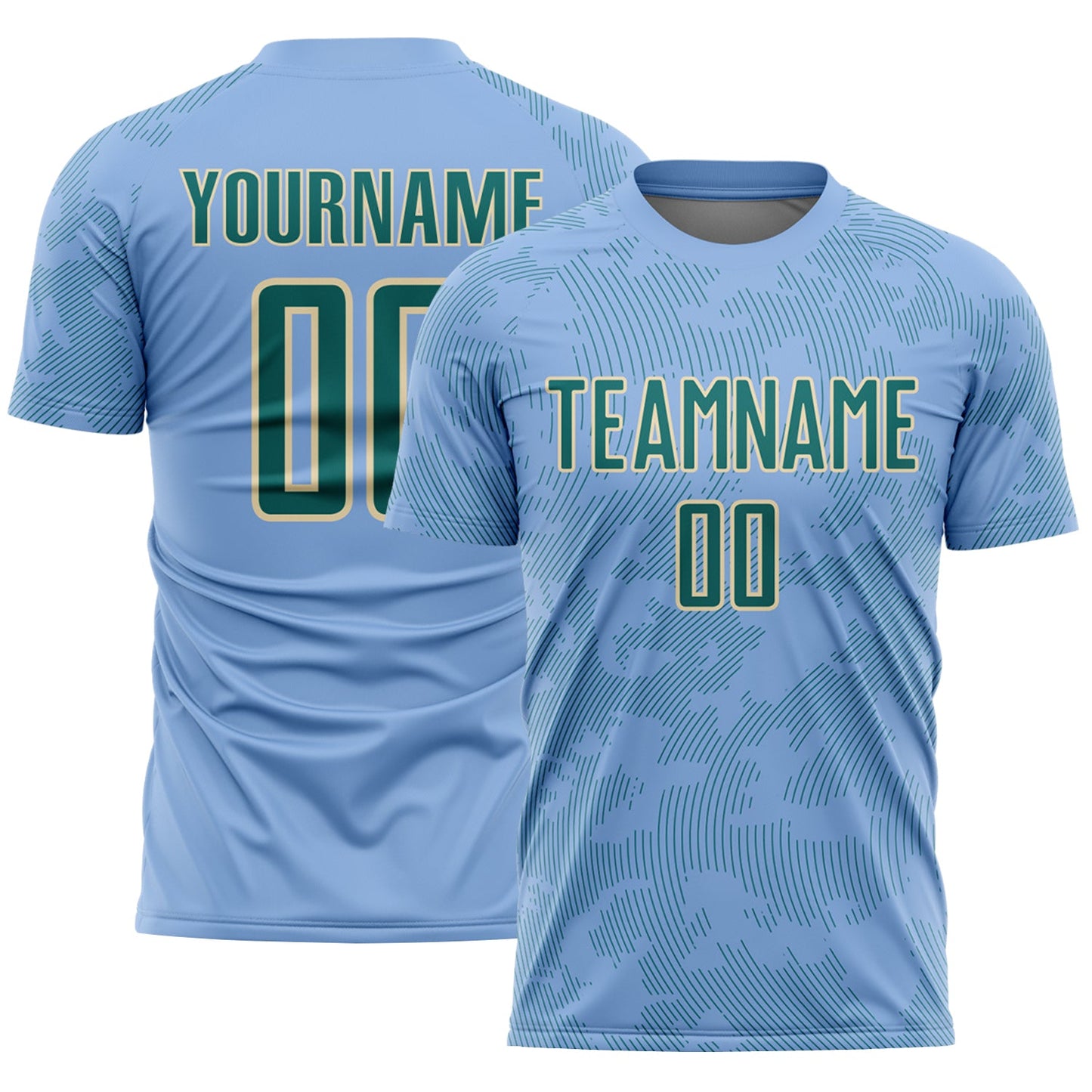Custom Light Blue Teal-Cream Curve Lines Sublimation Soccer Uniform Jersey - Main View