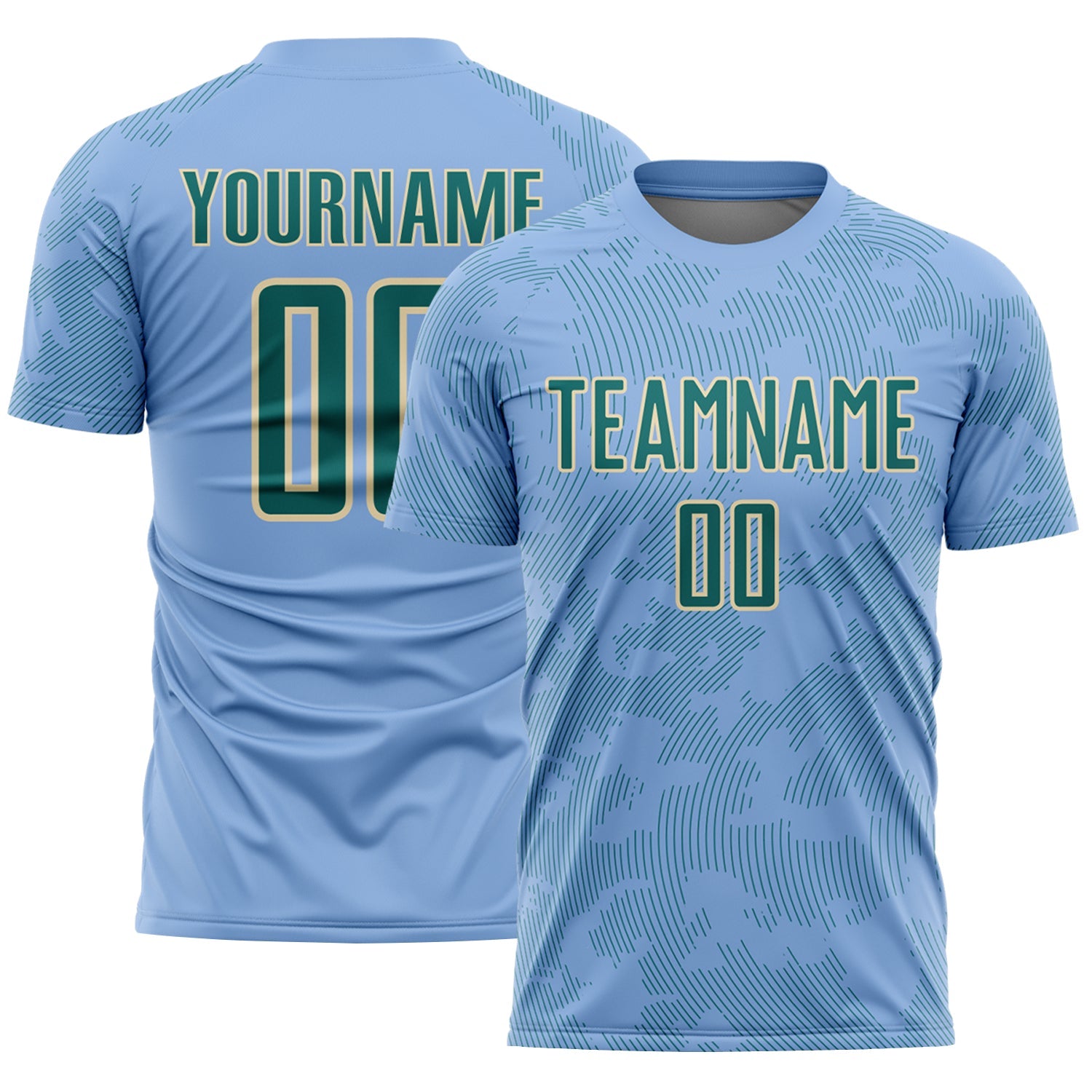 Custom Light Blue Teal-Cream Curve Lines Sublimation Soccer Uniform Jersey - Main View