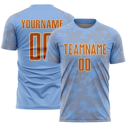 Custom Light Blue Texas Orange-Cream Curve Lines Sublimation Soccer Uniform Jersey - Main View