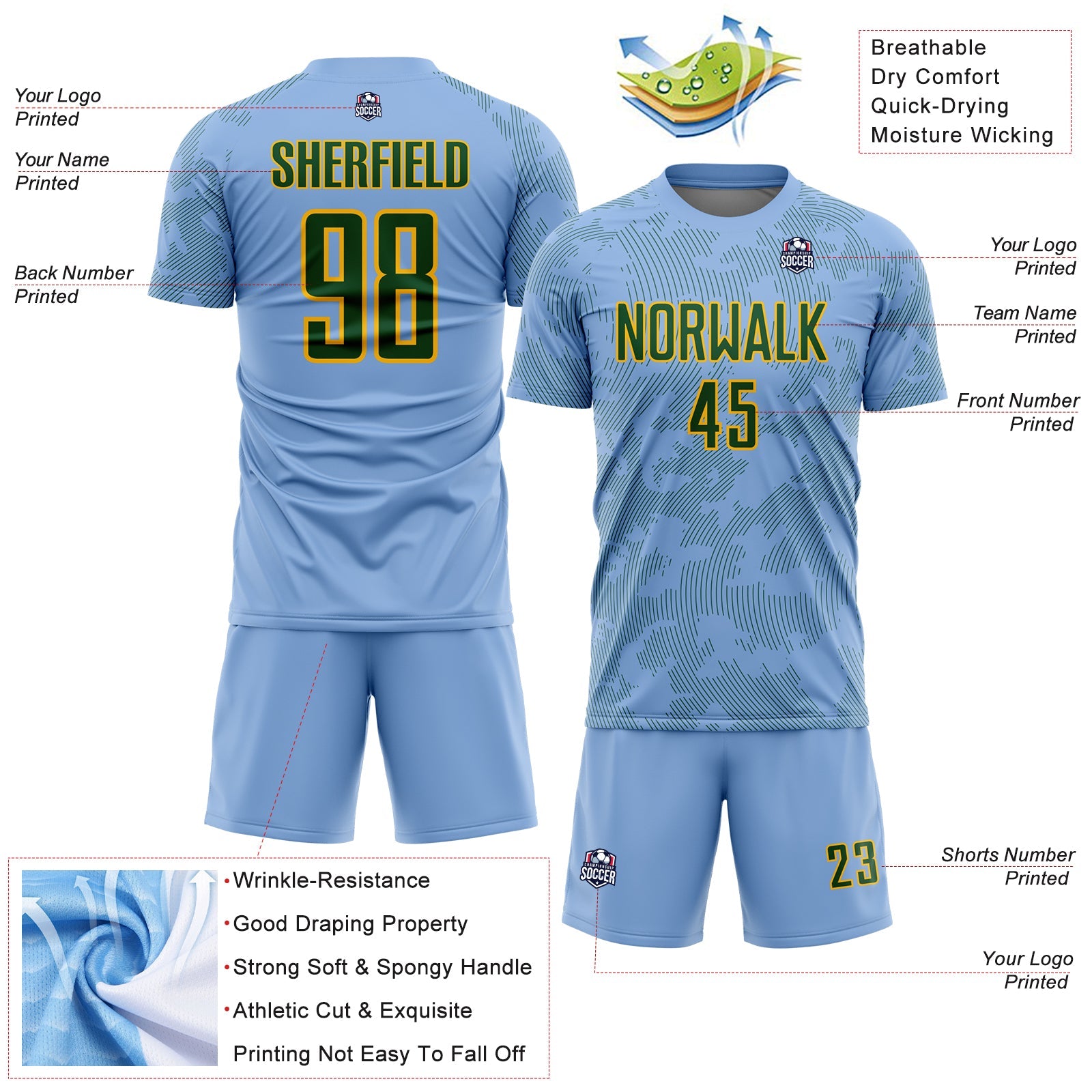 Custom Light Blue Green-Gold Curve Lines Sublimation Soccer Uniform Jersey view 4