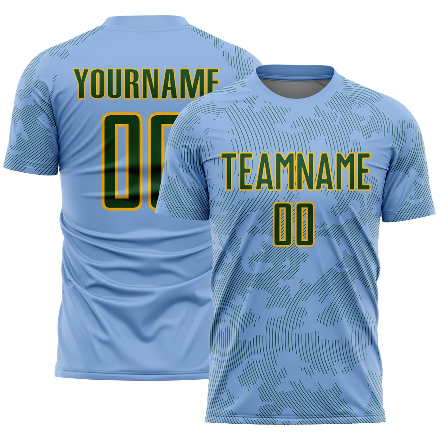 Custom Light Blue Green-Gold Curve Lines Sublimation Soccer Uniform Jersey - Main View