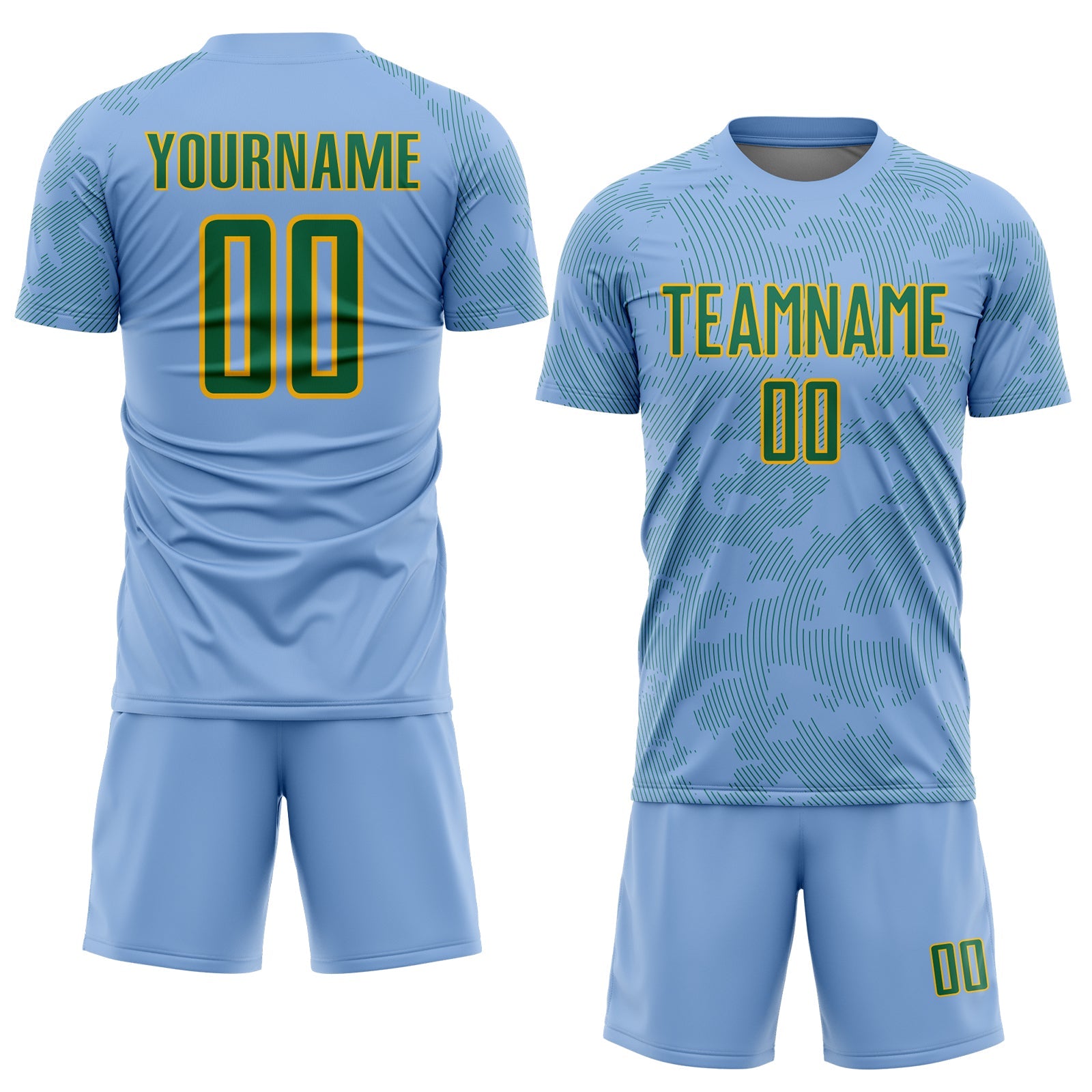 Custom Light Blue Kelly Green-Gold Curve Lines Sublimation Soccer Uniform Jersey view 2