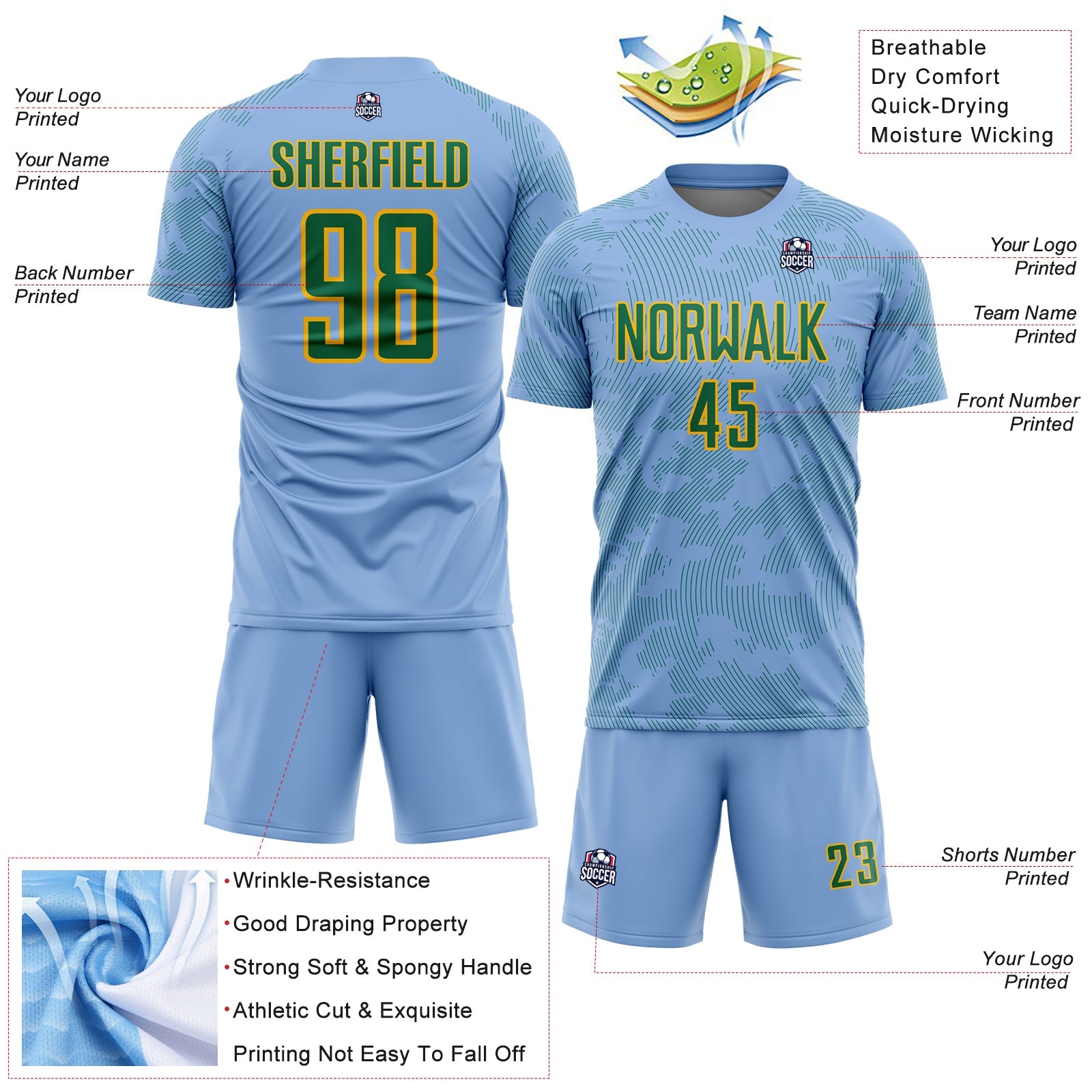 Custom Light Blue Kelly Green-Gold Curve Lines Sublimation Soccer Uniform Jersey view 4