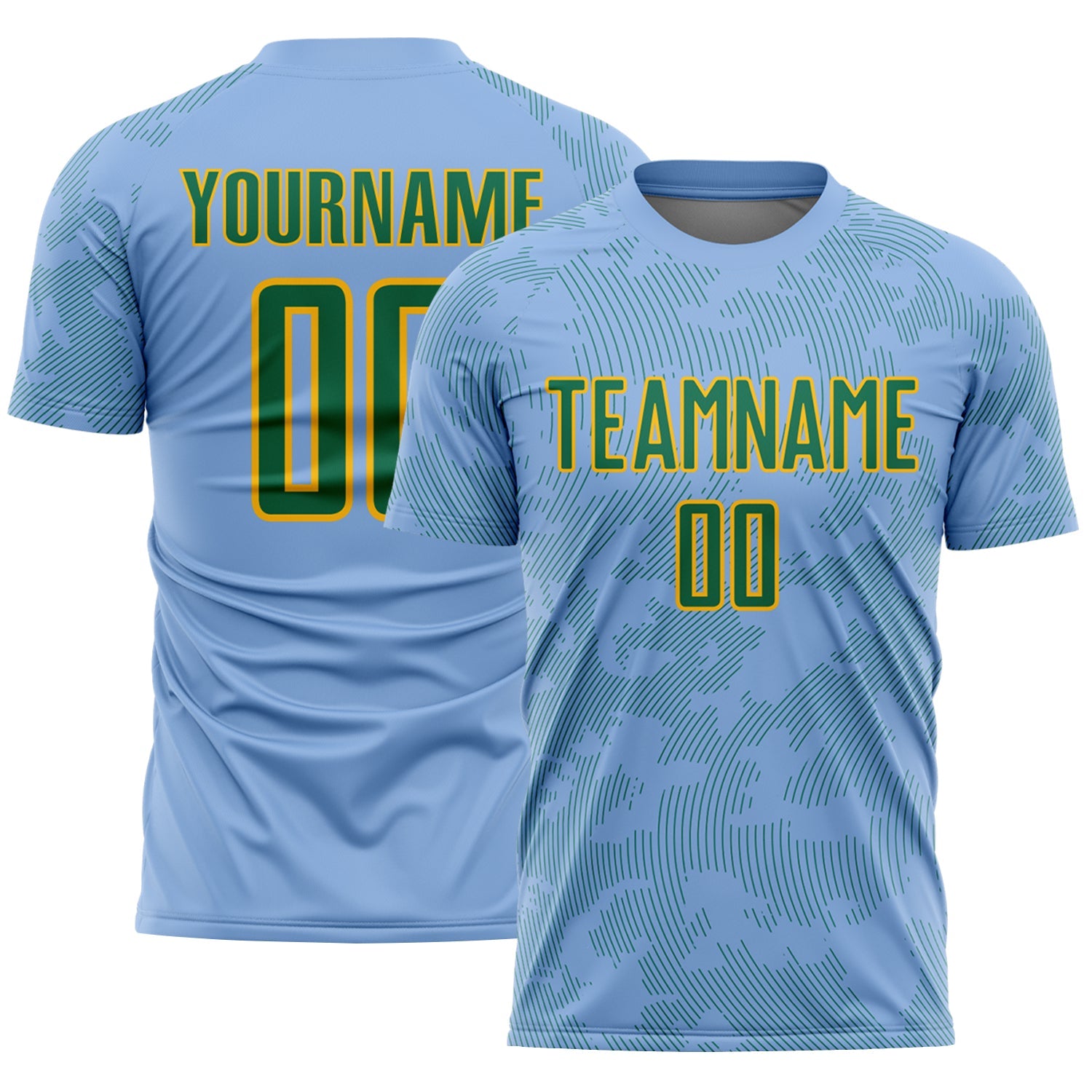 Custom Light Blue Kelly Green-Gold Curve Lines Sublimation Soccer Uniform Jersey - Main View