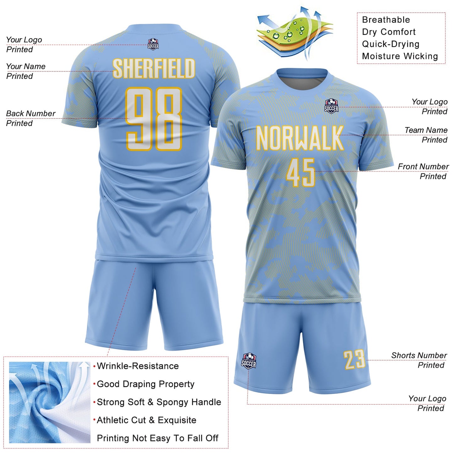 Custom Light Blue White-Yellow Curve Lines Sublimation Soccer Uniform Jersey view 4