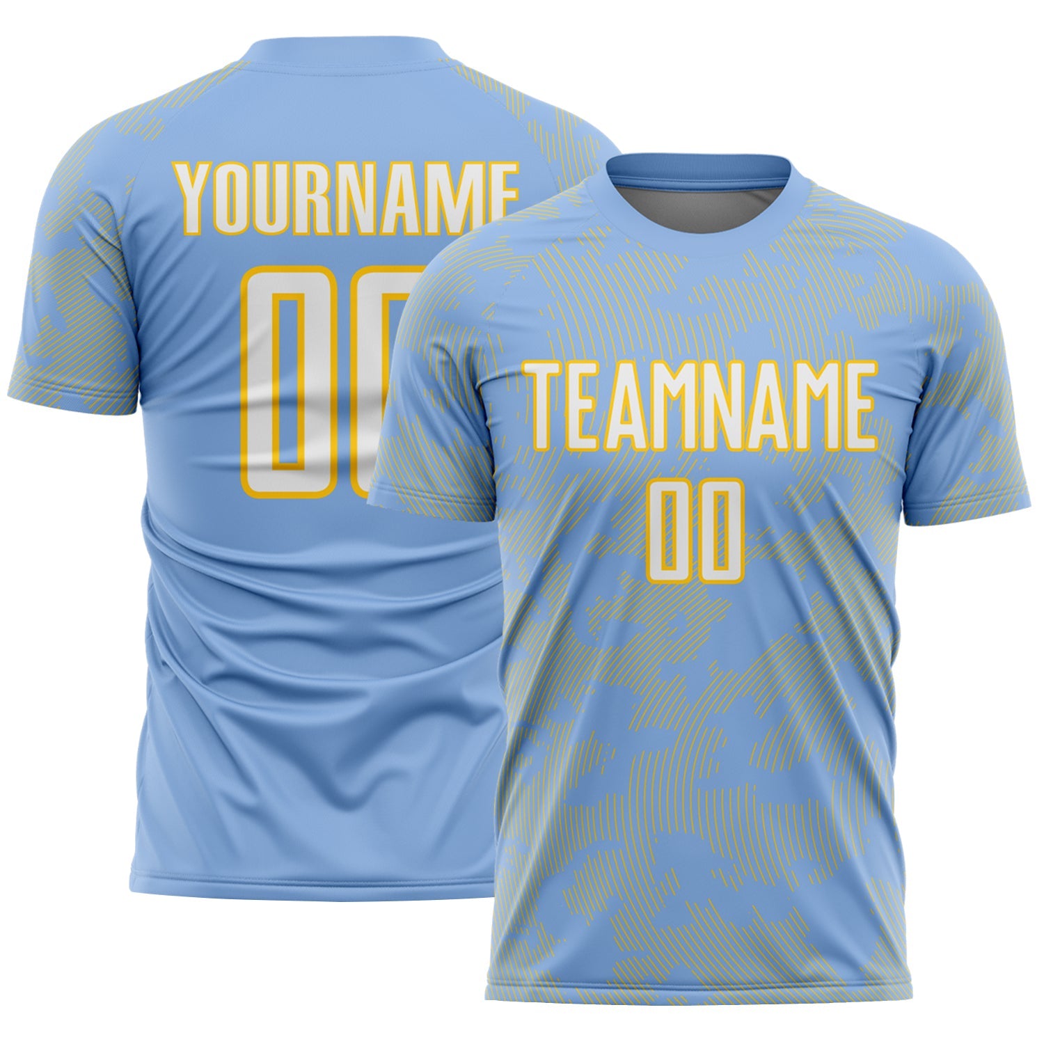 Custom Light Blue White-Yellow Curve Lines Sublimation Soccer Uniform Jersey - Main View
