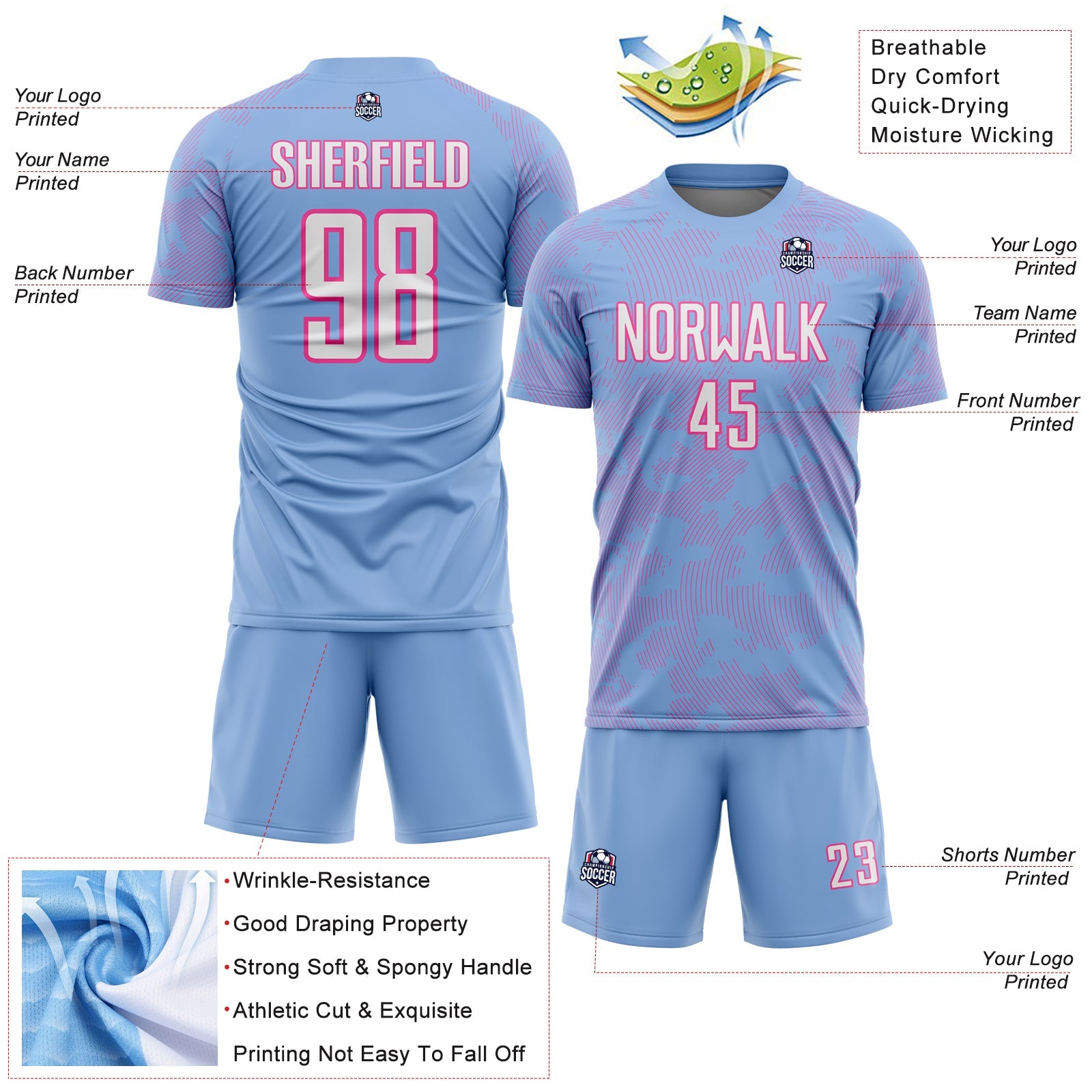 Custom Light Blue White-Pink Curve Lines Sublimation Soccer Uniform Jersey view 4