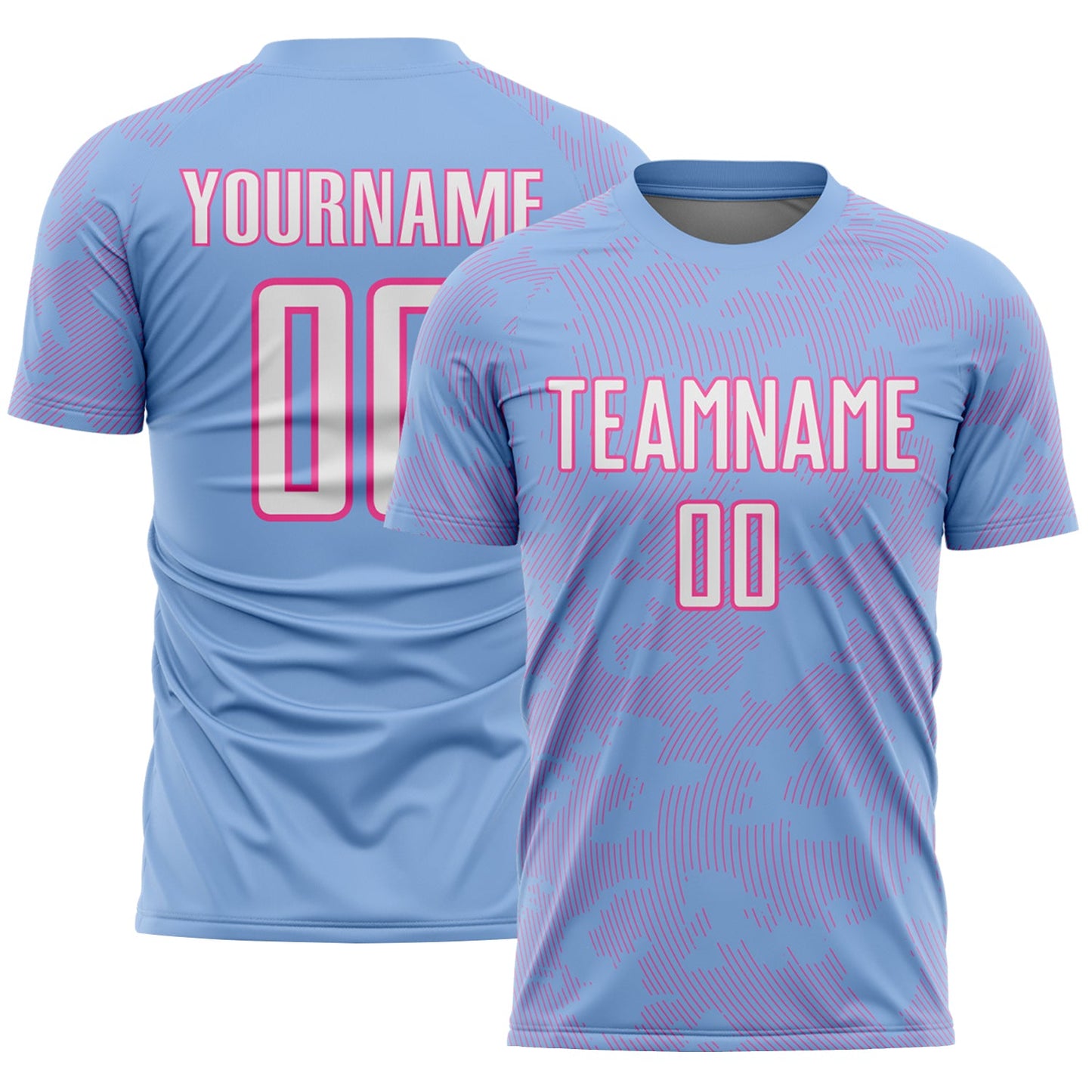 Custom Light Blue White-Pink Curve Lines Sublimation Soccer Uniform Jersey - Main View