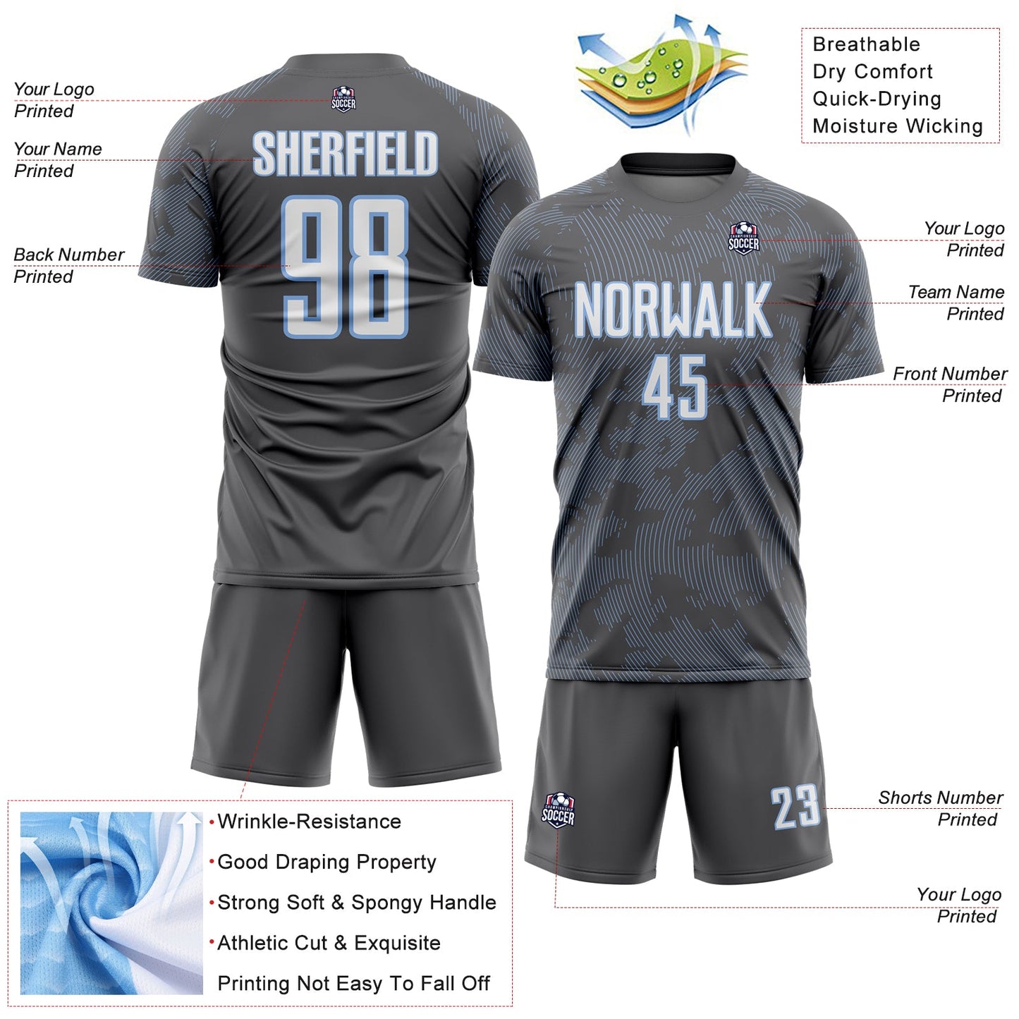 Custom Steel Gray White-Light Blue Curve Lines Sublimation Soccer Uniform Jersey view 4