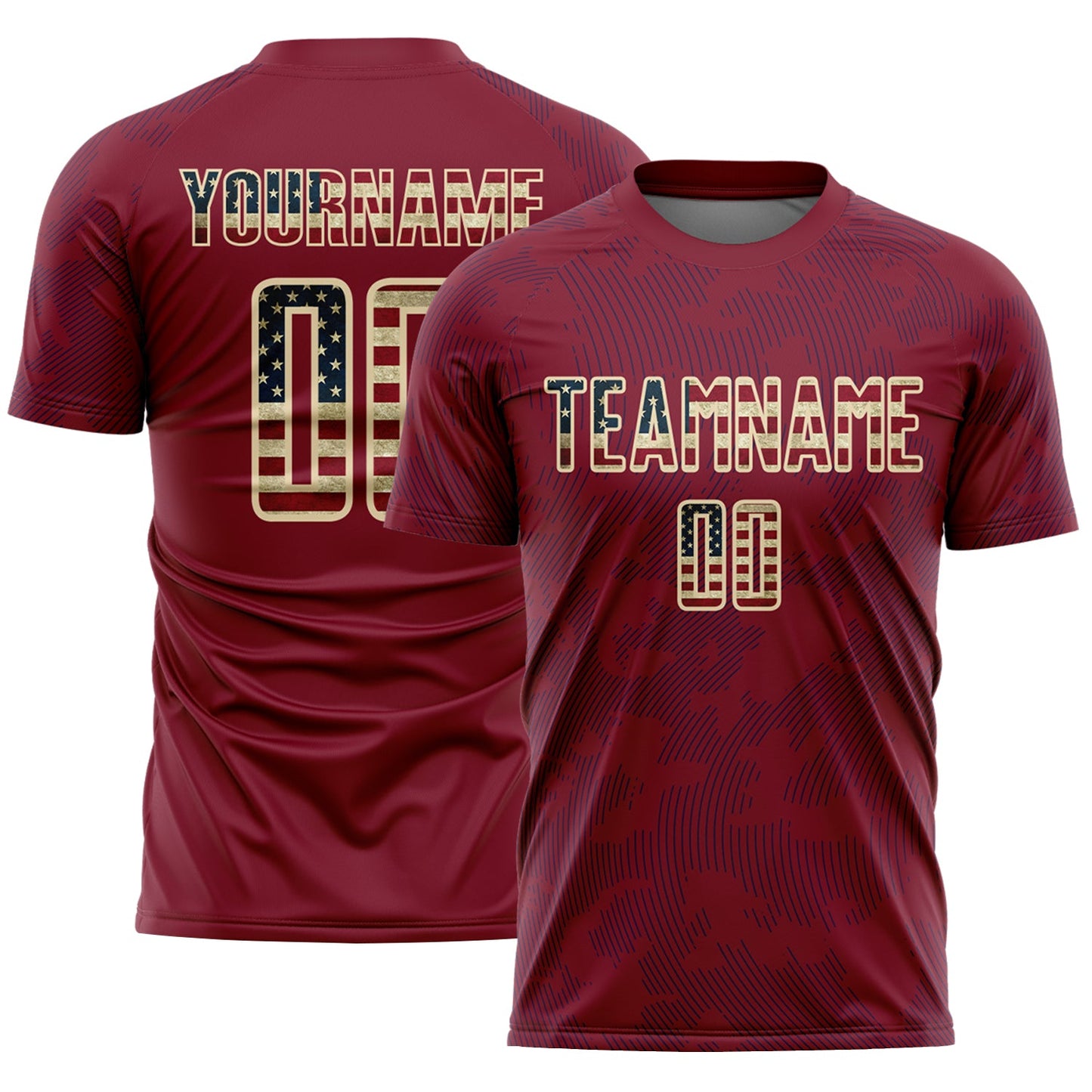 Custom Crimson Vintage USA Flag Navy-Cream Curve Lines Sublimation Soccer Uniform Jersey - Main View