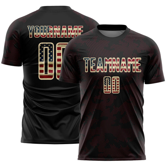Custom Black Vintage USA Flag Crimson-Cream Curve Lines Sublimation Soccer Uniform Jersey - Main View
