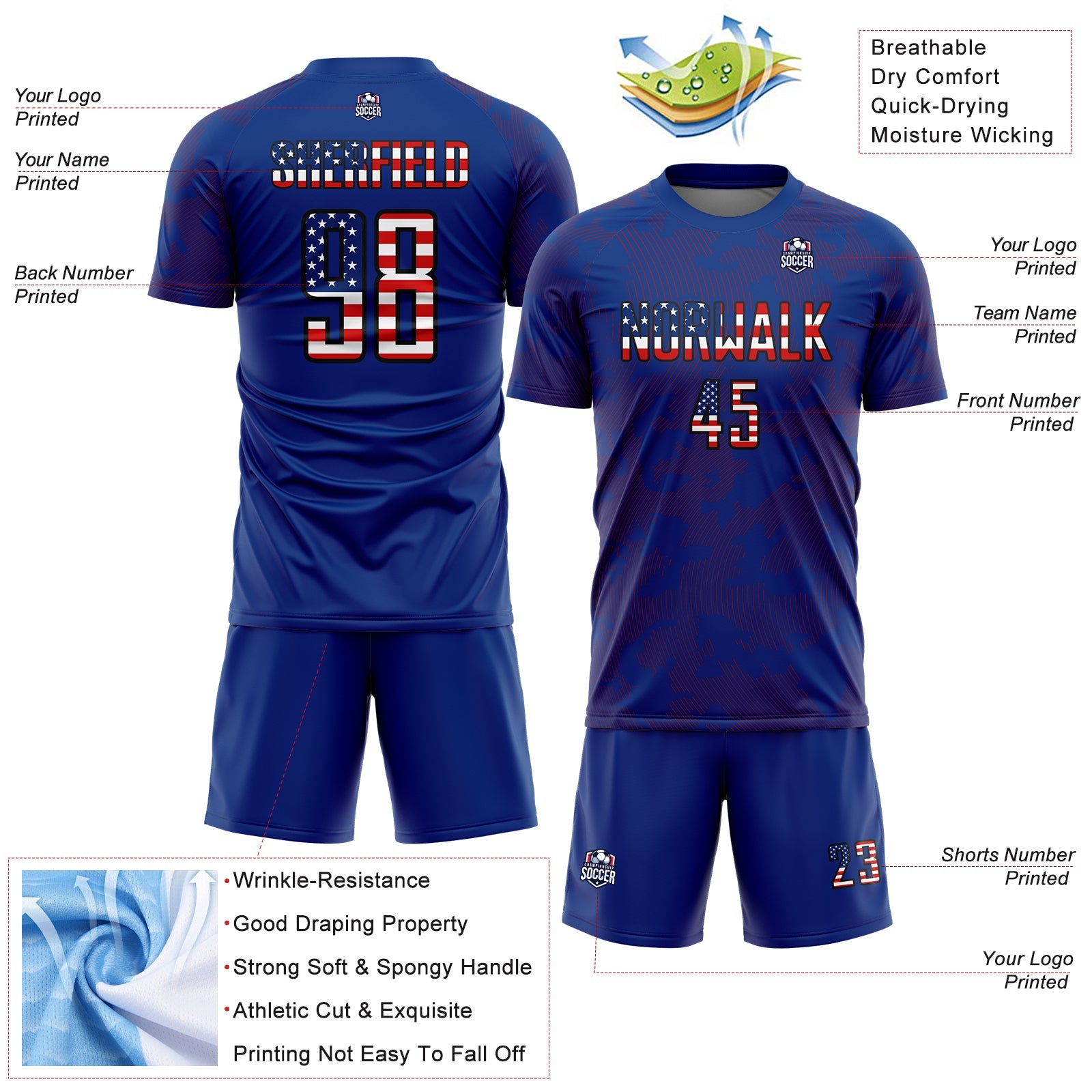 Custom Royal USA Flag Red-Black Curve Lines Sublimation Soccer Uniform Jersey view 4