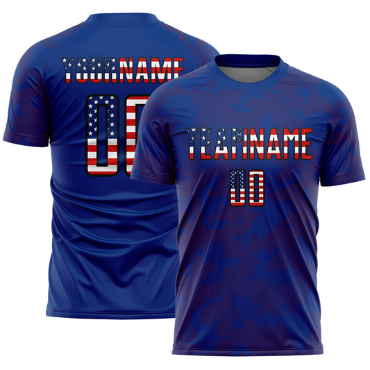 Custom Royal USA Flag Red-Black Curve Lines Sublimation Soccer Uniform Jersey - Main View