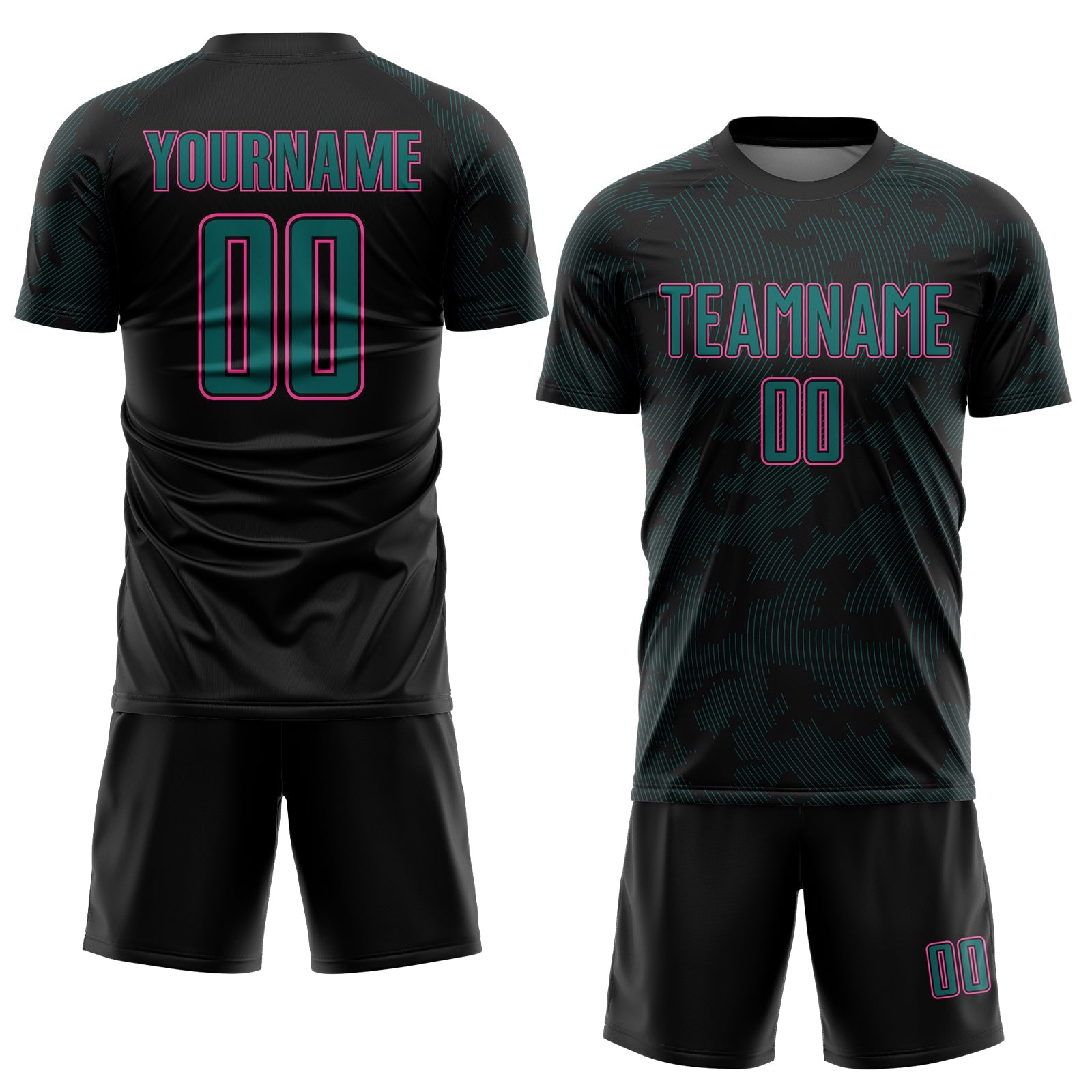 Custom Black Pink-Teal Curve Lines Sublimation Soccer Uniform Jersey view 2