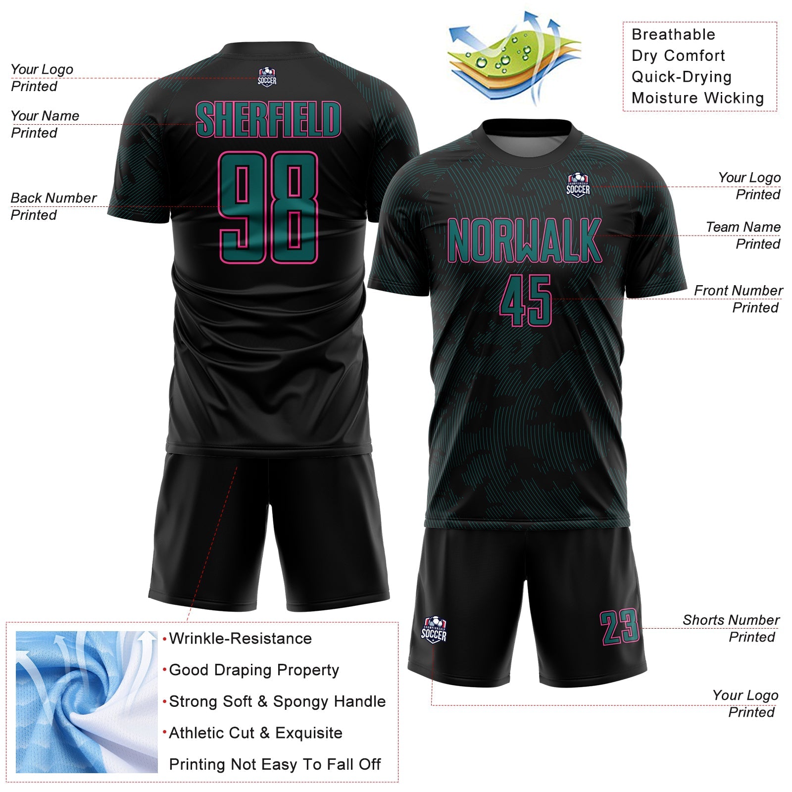 Custom Black Pink-Teal Curve Lines Sublimation Soccer Uniform Jersey view 4