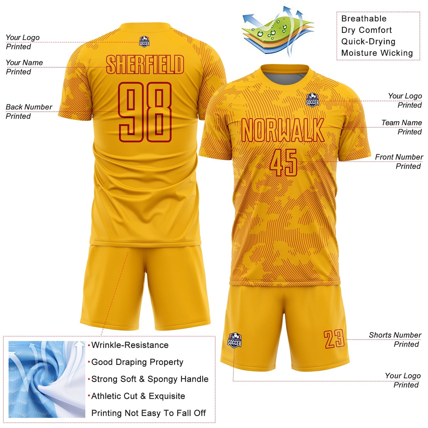 Custom Gold-Red Curve Lines Sublimation Soccer Uniform Jersey view 4