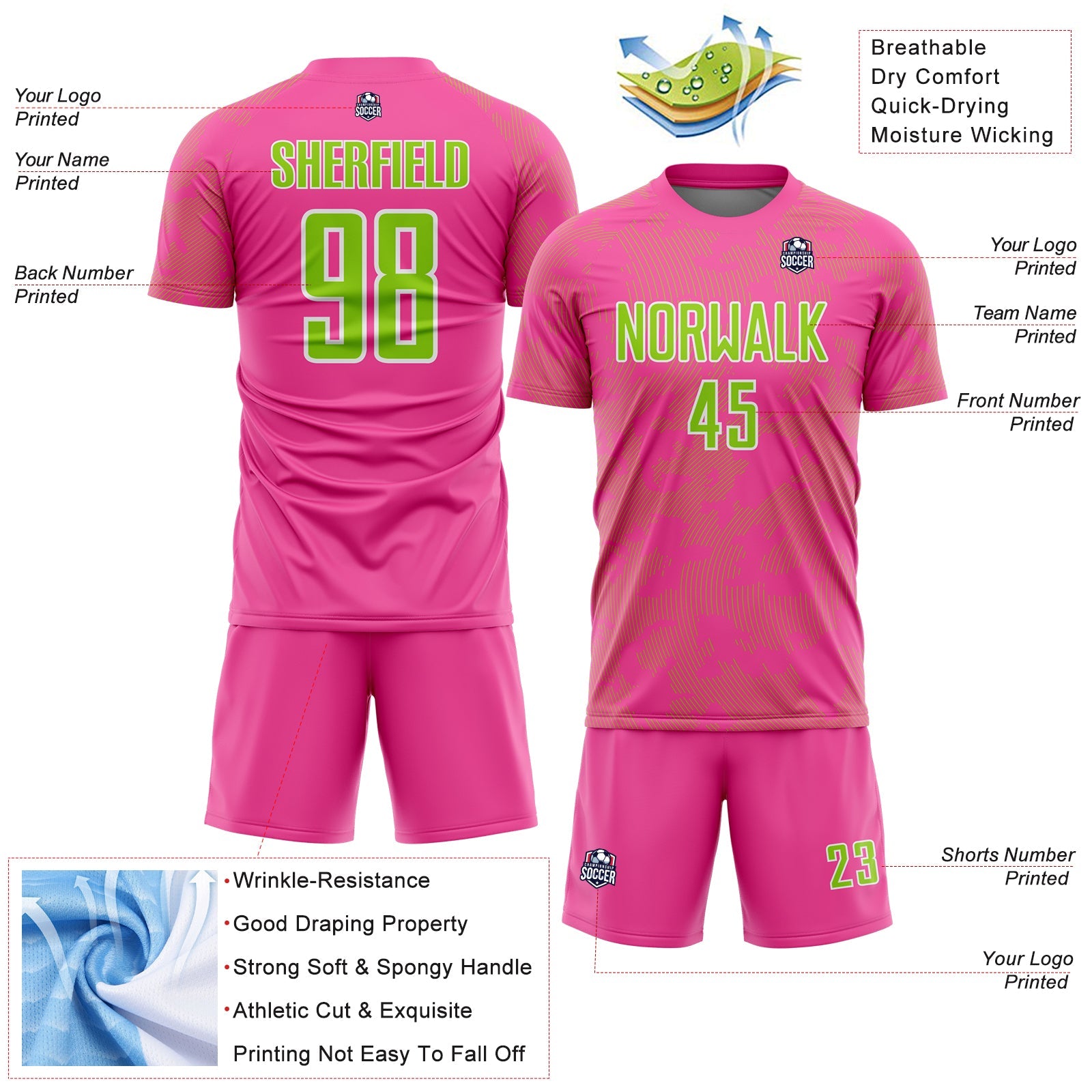 Custom Pink Neon Green-White Curve Lines Sublimation Soccer Uniform Jersey view 4