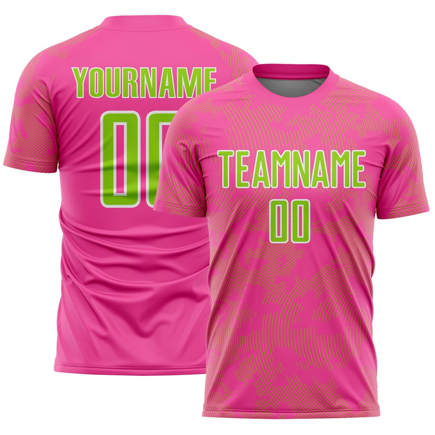 Custom Pink Neon Green-White Curve Lines Sublimation Soccer Uniform Jersey - Main View