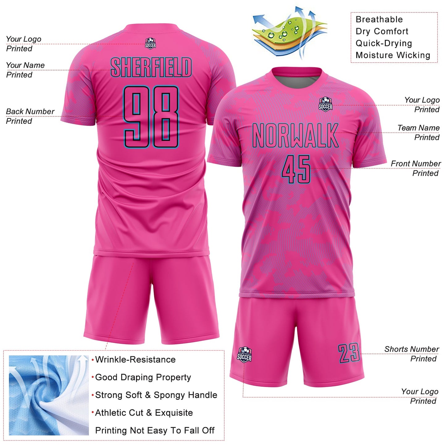 Custom Pink Sky Blue-Black Curve Lines Sublimation Soccer Uniform Jersey view 4