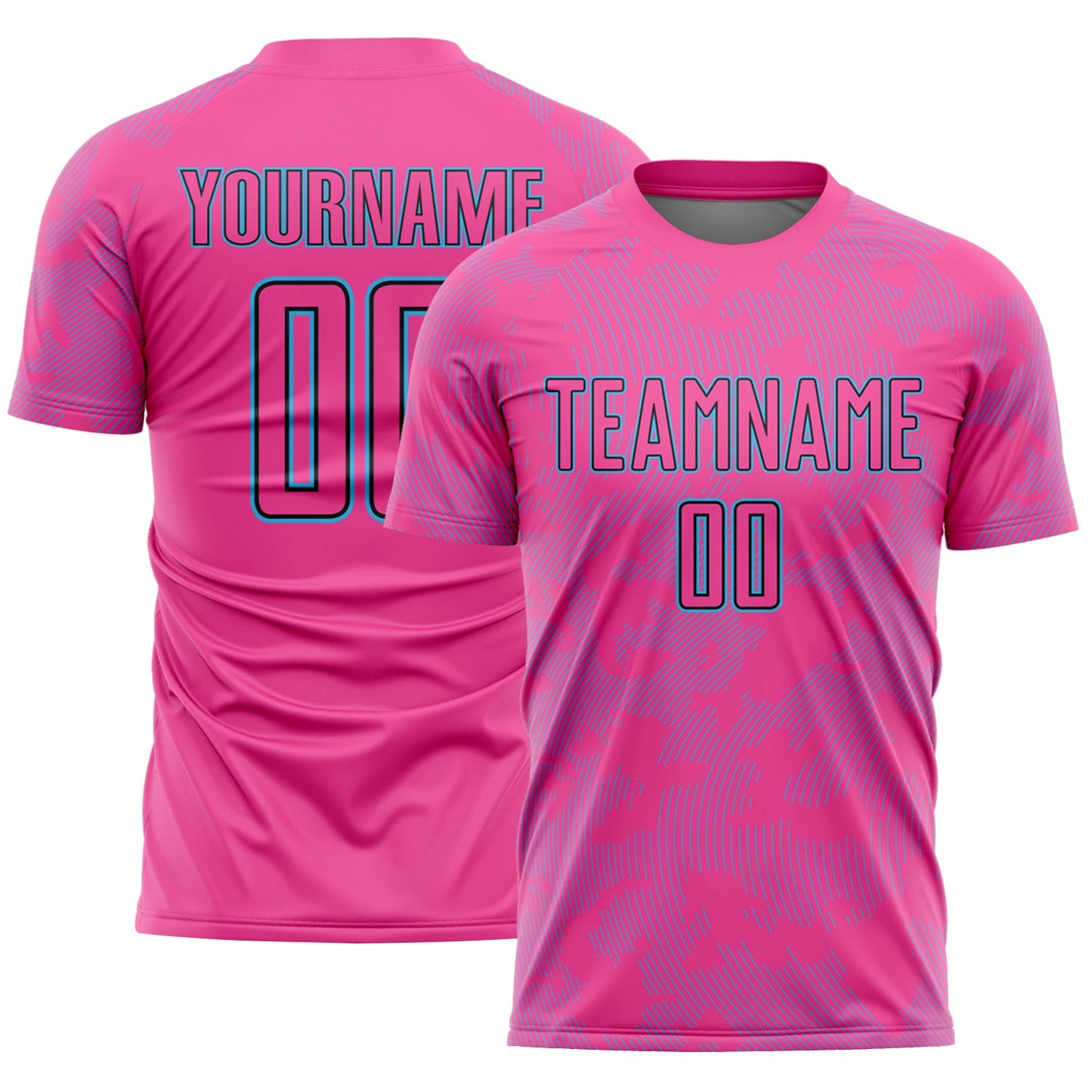 Custom Pink Sky Blue-Black Curve Lines Sublimation Soccer Uniform Jersey - Main View