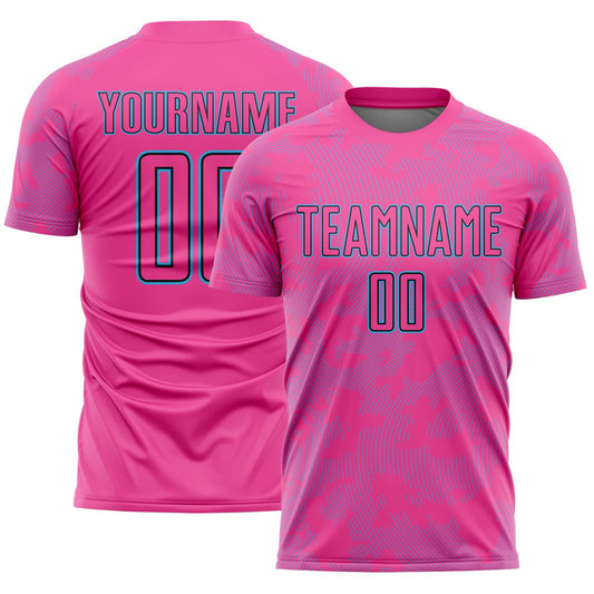 Custom Pink Sky Blue-Black Curve Lines Sublimation Soccer Uniform Jersey - Main View