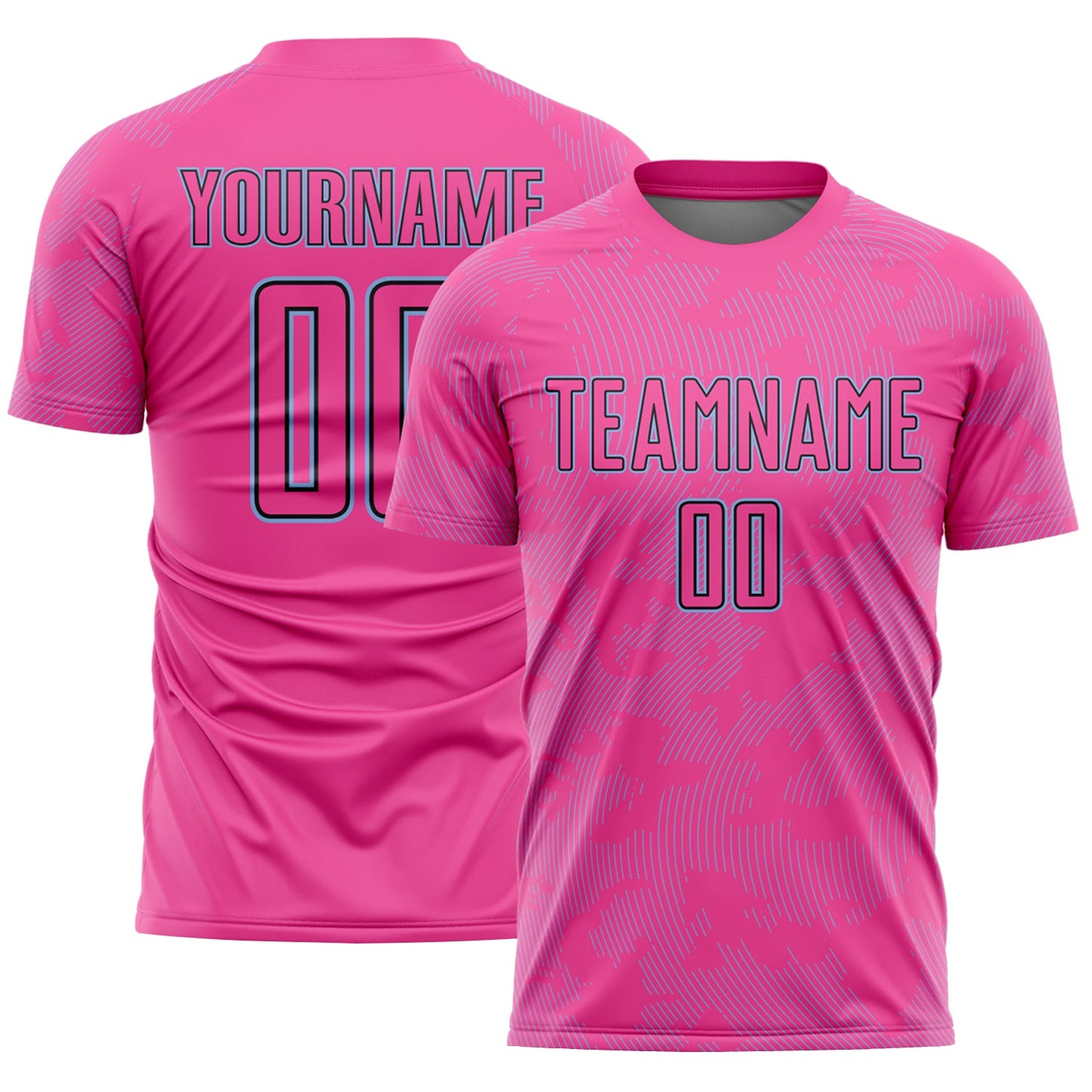 Custom Pink Light Blue-Black Curve Lines Sublimation Soccer Uniform Jersey - Main View