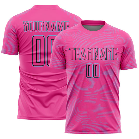 Custom Pink Light Blue-Black Curve Lines Sublimation Soccer Uniform Jersey - Main View