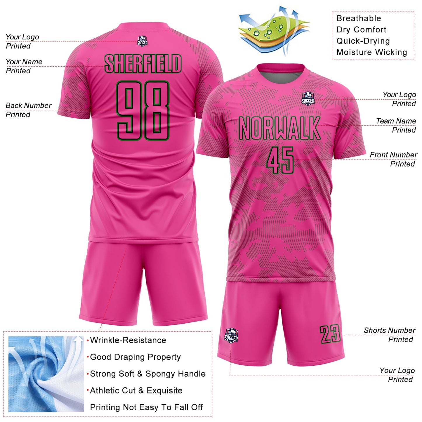 Custom Pink Grass Green-Black Curve Lines Sublimation Soccer Uniform Jersey view 4