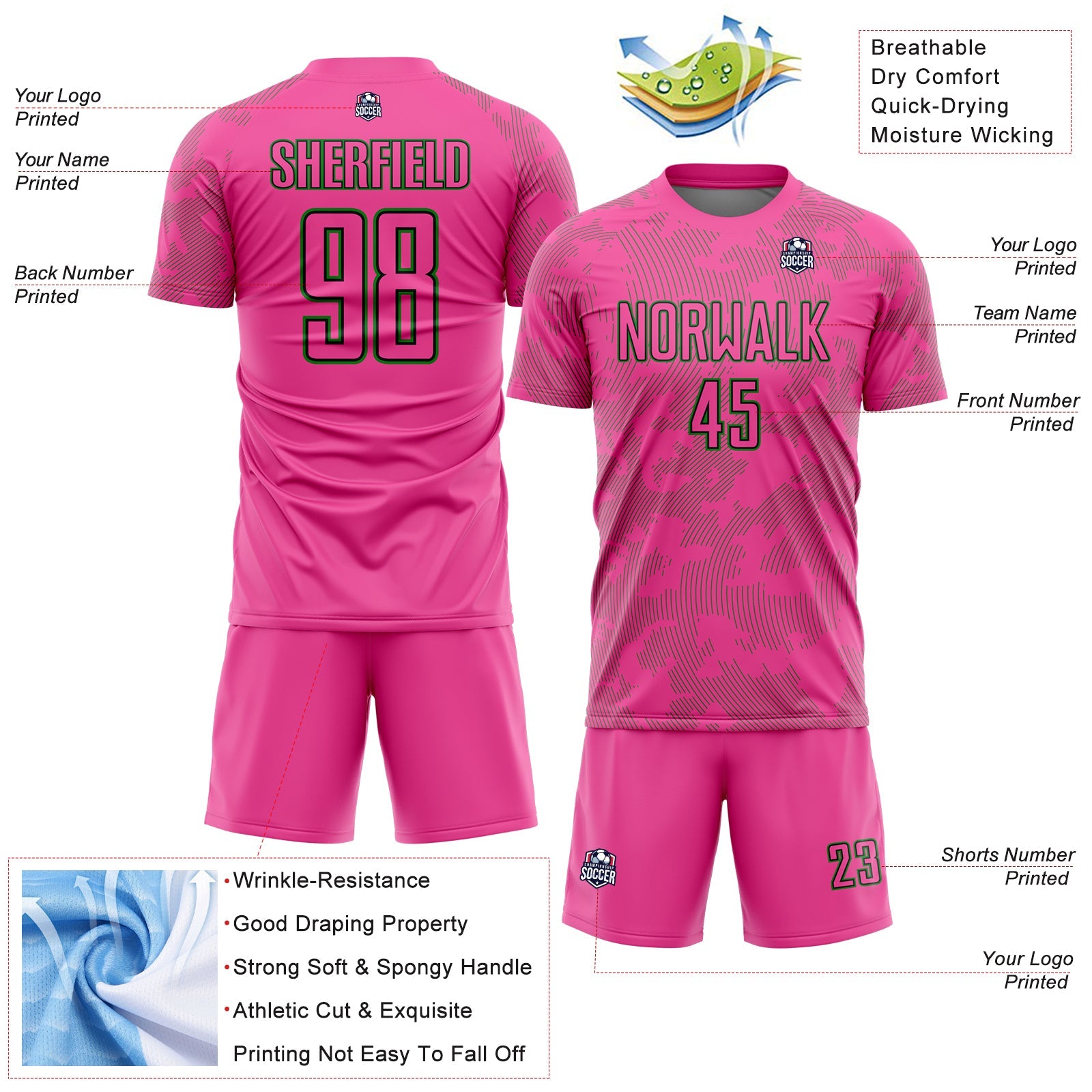 Custom Pink Grass Green-Black Curve Lines Sublimation Soccer Uniform Jersey view 4