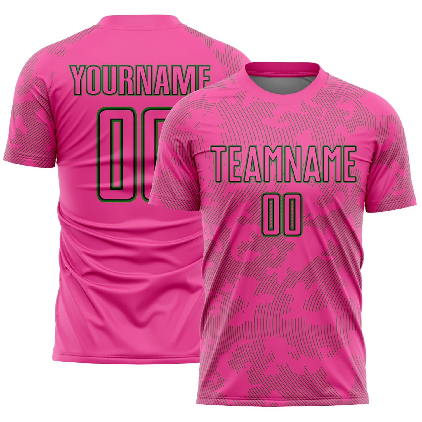 Custom Pink Grass Green-Black Curve Lines Sublimation Soccer Uniform Jersey - Main View