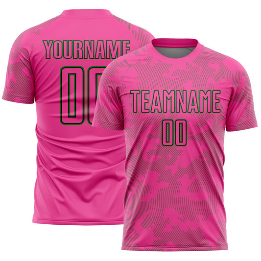 Custom Pink Grass Green-Black Curve Lines Sublimation Soccer Uniform Jersey - Main View