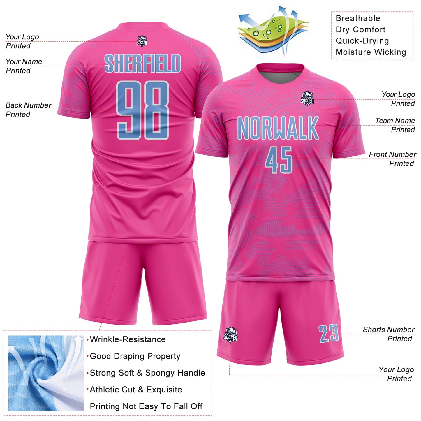 Custom Pink Light Blue-White Curve Lines Sublimation Soccer Uniform Jersey view 4