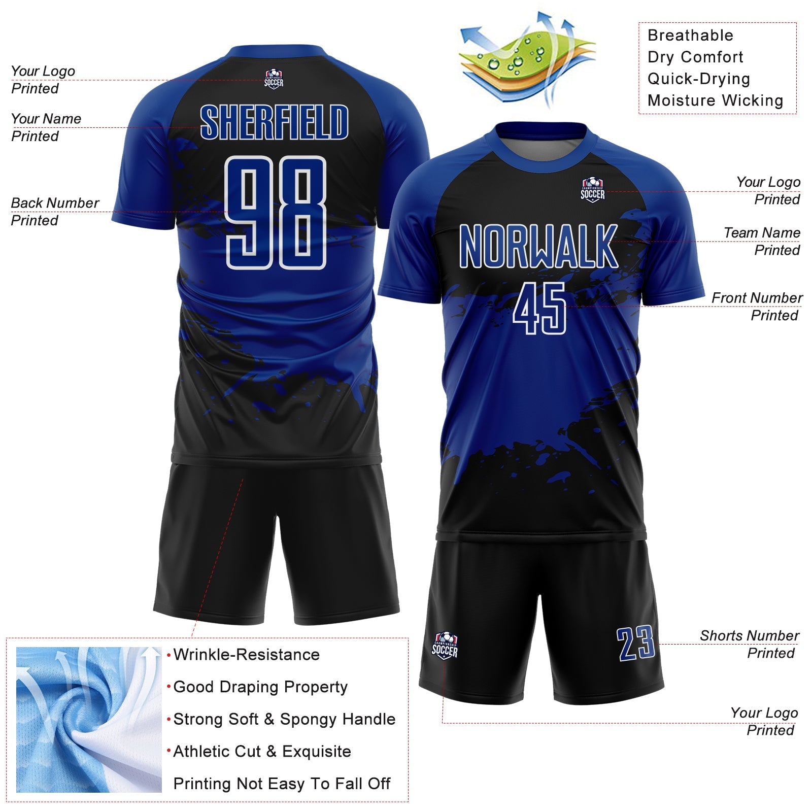 Custom Royal Black-White Splash Color Block Sublimation Soccer Uniform Jersey view 4
