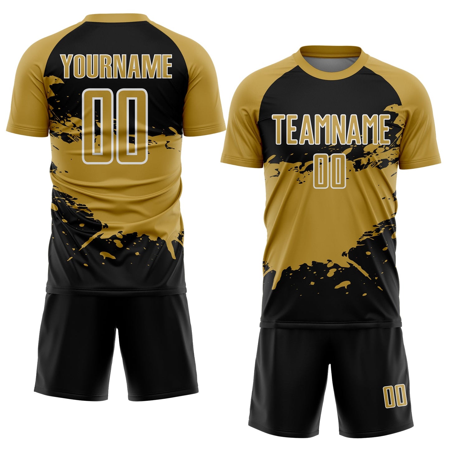 Custom Old Gold Black-White Splash Color Block Sublimation Soccer Uniform Jersey view 2