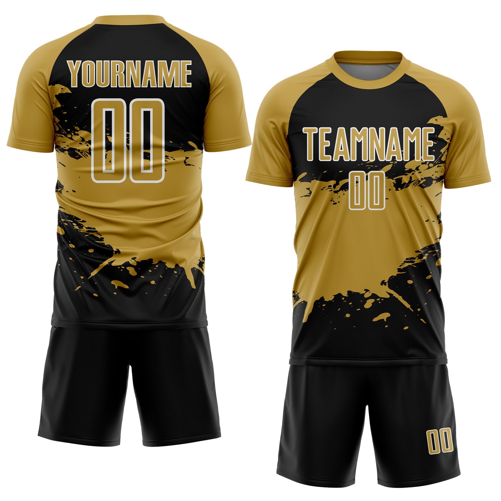 Custom Old Gold Black-White Splash Color Block Sublimation Soccer Uniform Jersey view 2