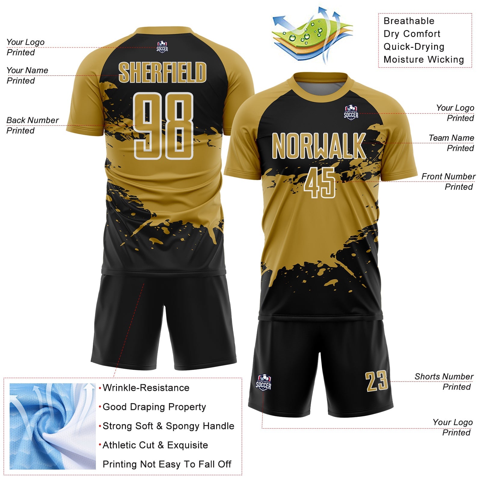 Custom Old Gold Black-White Splash Color Block Sublimation Soccer Uniform Jersey view 4