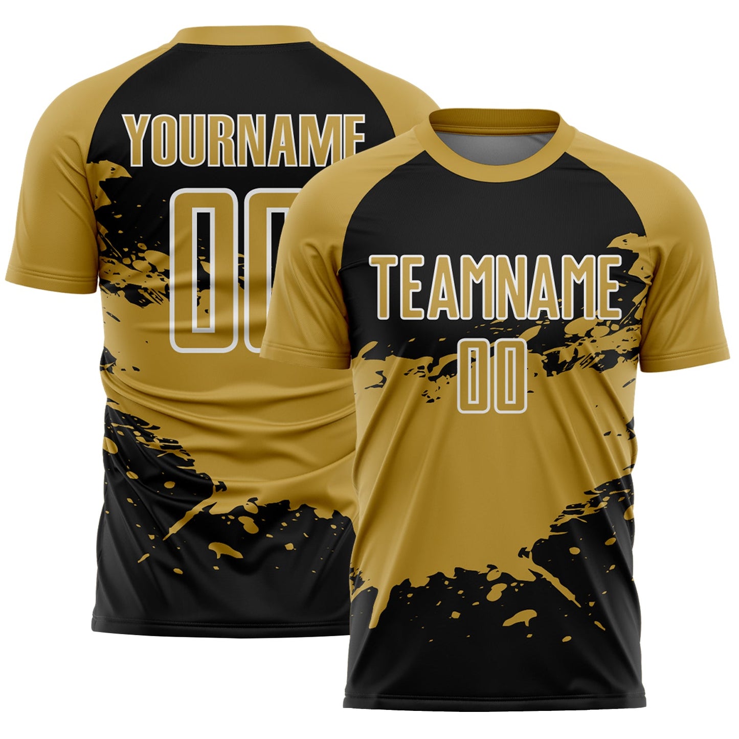 Custom Old Gold Black-White Splash Color Block Sublimation Soccer Uniform Jersey - Main View