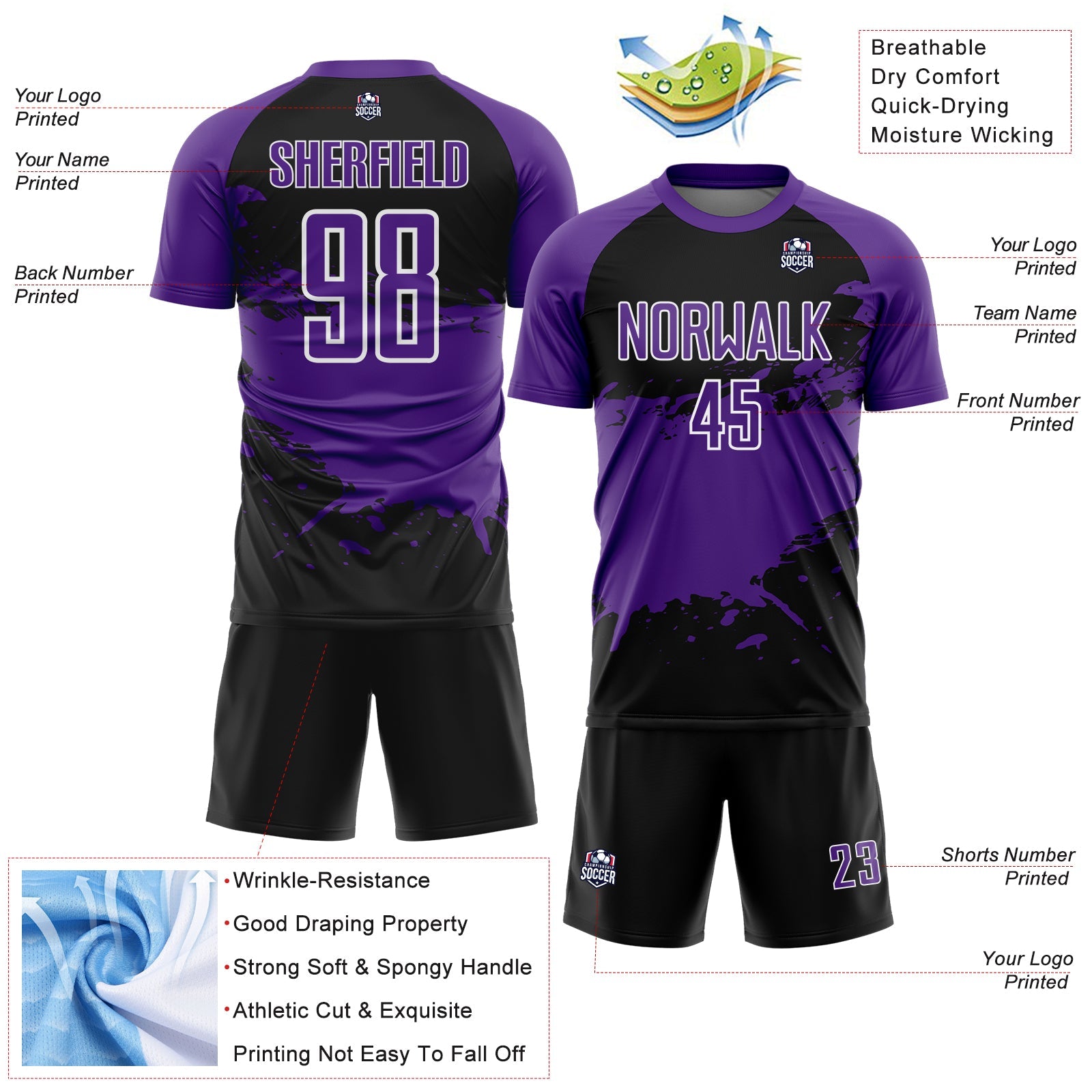 Custom Purple Black-White Splash Color Block Sublimation Soccer Uniform Jersey view 4