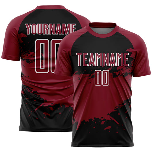 Custom Crimson Black-White Splash Color Block Sublimation Soccer Uniform Jersey - Main View