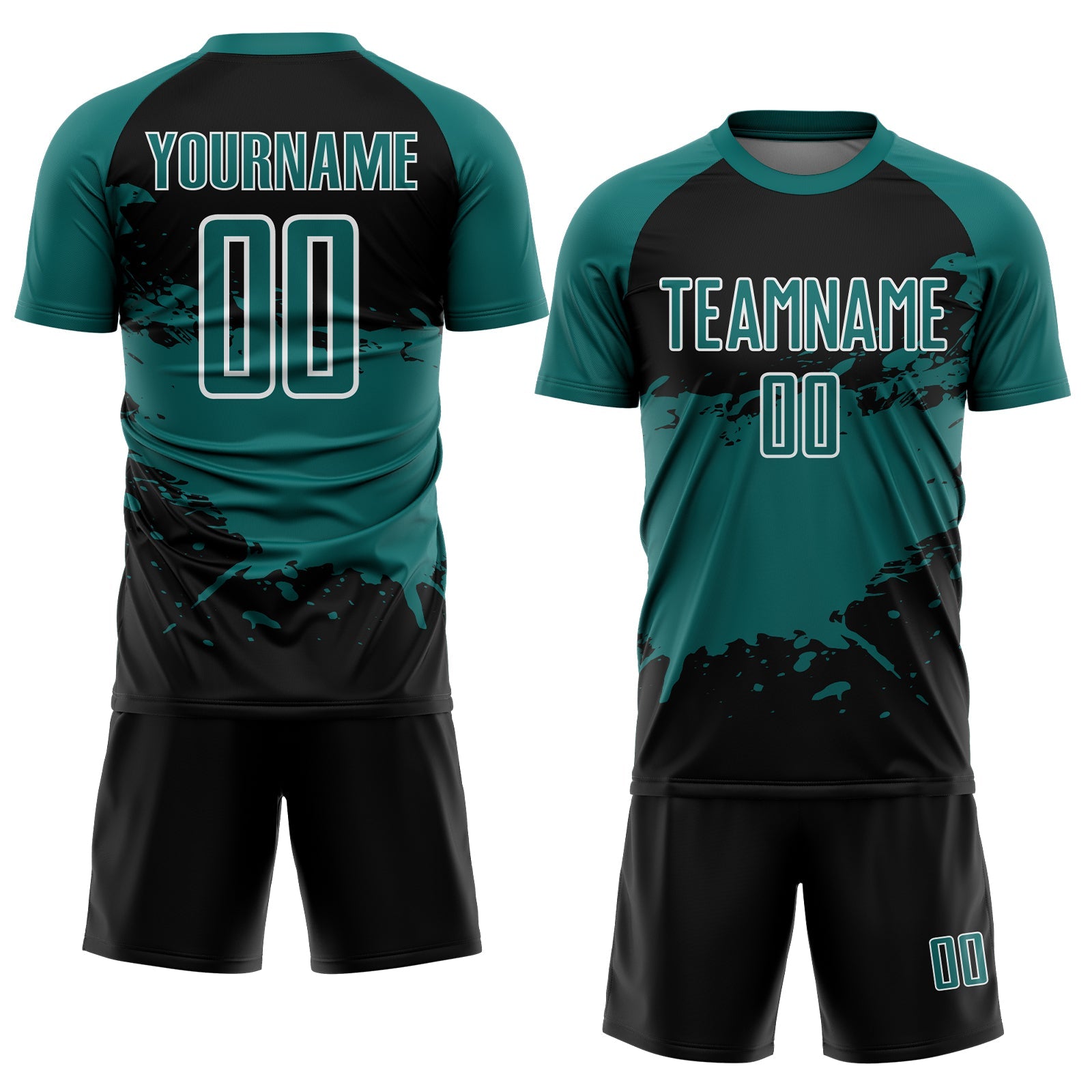 Custom Teal Black-White Splash Color Block Sublimation Soccer Uniform Jersey view 2