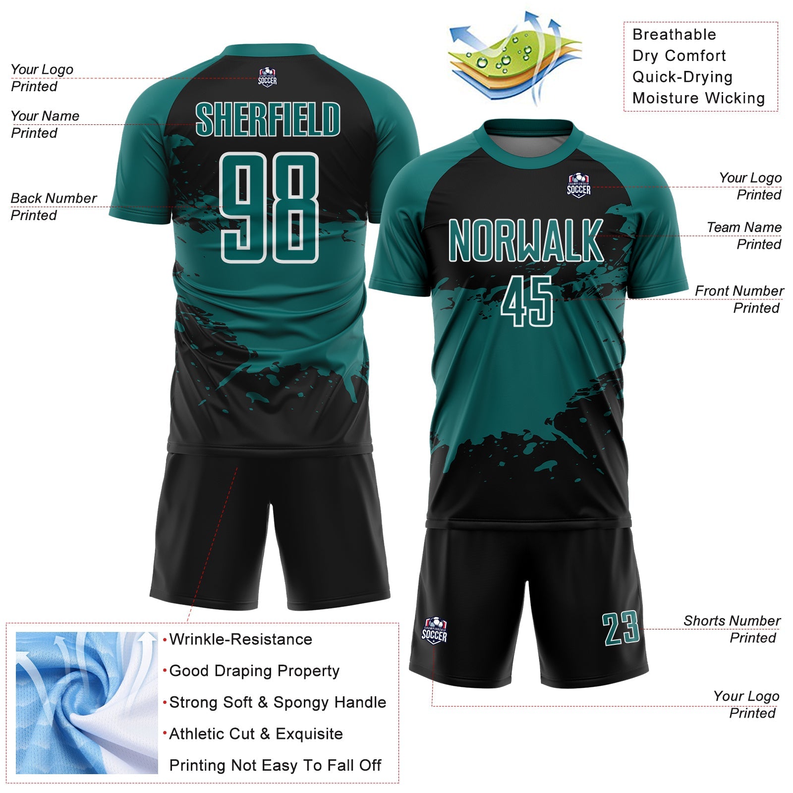 Custom Teal Black-White Splash Color Block Sublimation Soccer Uniform Jersey view 4