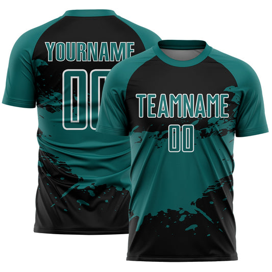Custom Teal Black-White Splash Color Block Sublimation Soccer Uniform Jersey - Main View