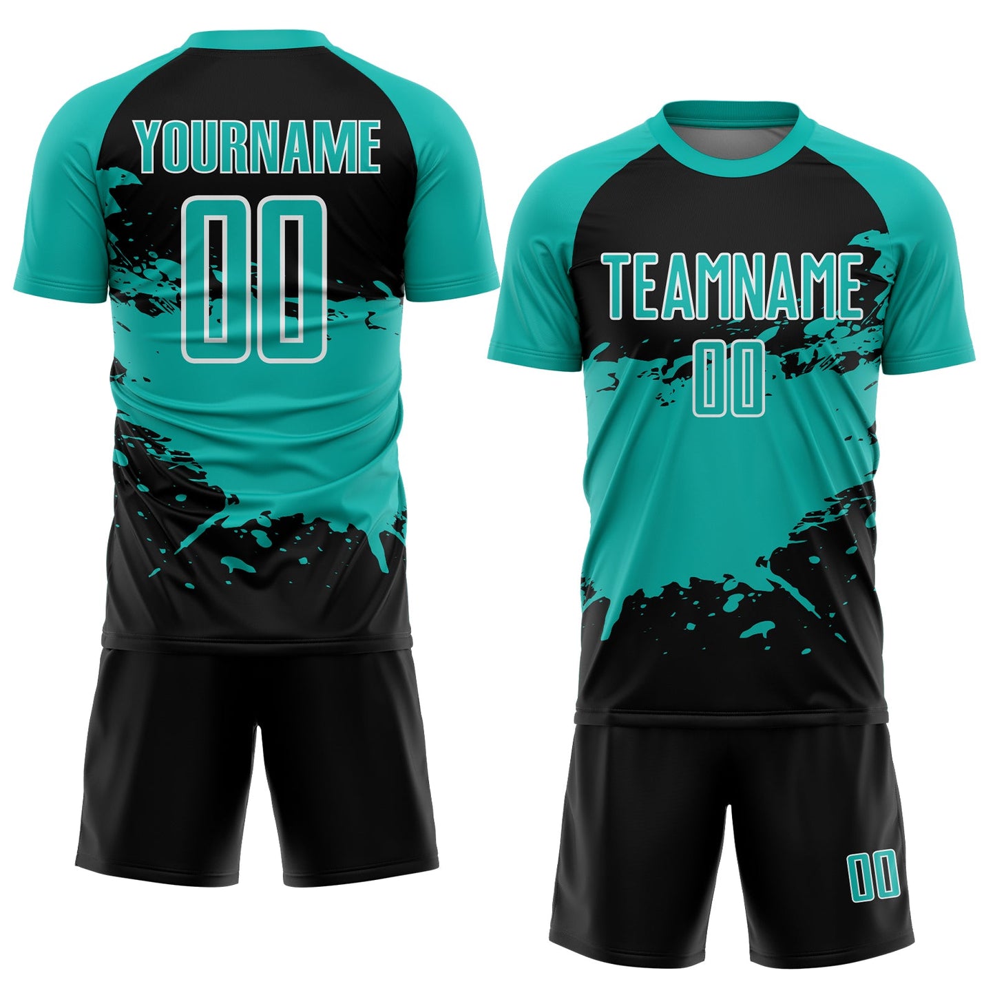 Custom Aqua Black-White Splash Color Block Sublimation Soccer Uniform Jersey view 2