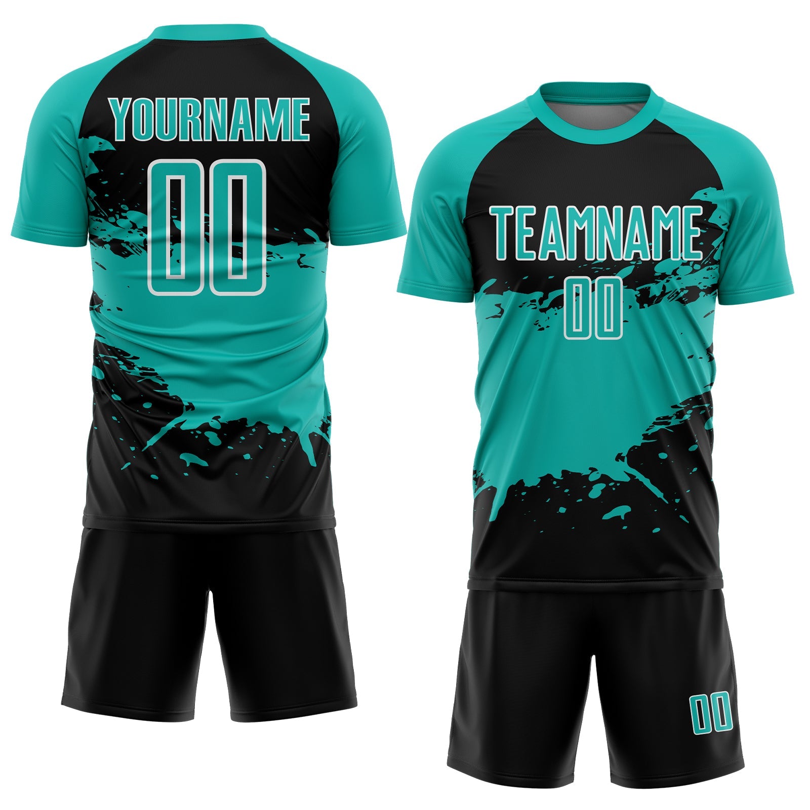 Custom Aqua Black-White Splash Color Block Sublimation Soccer Uniform Jersey view 2