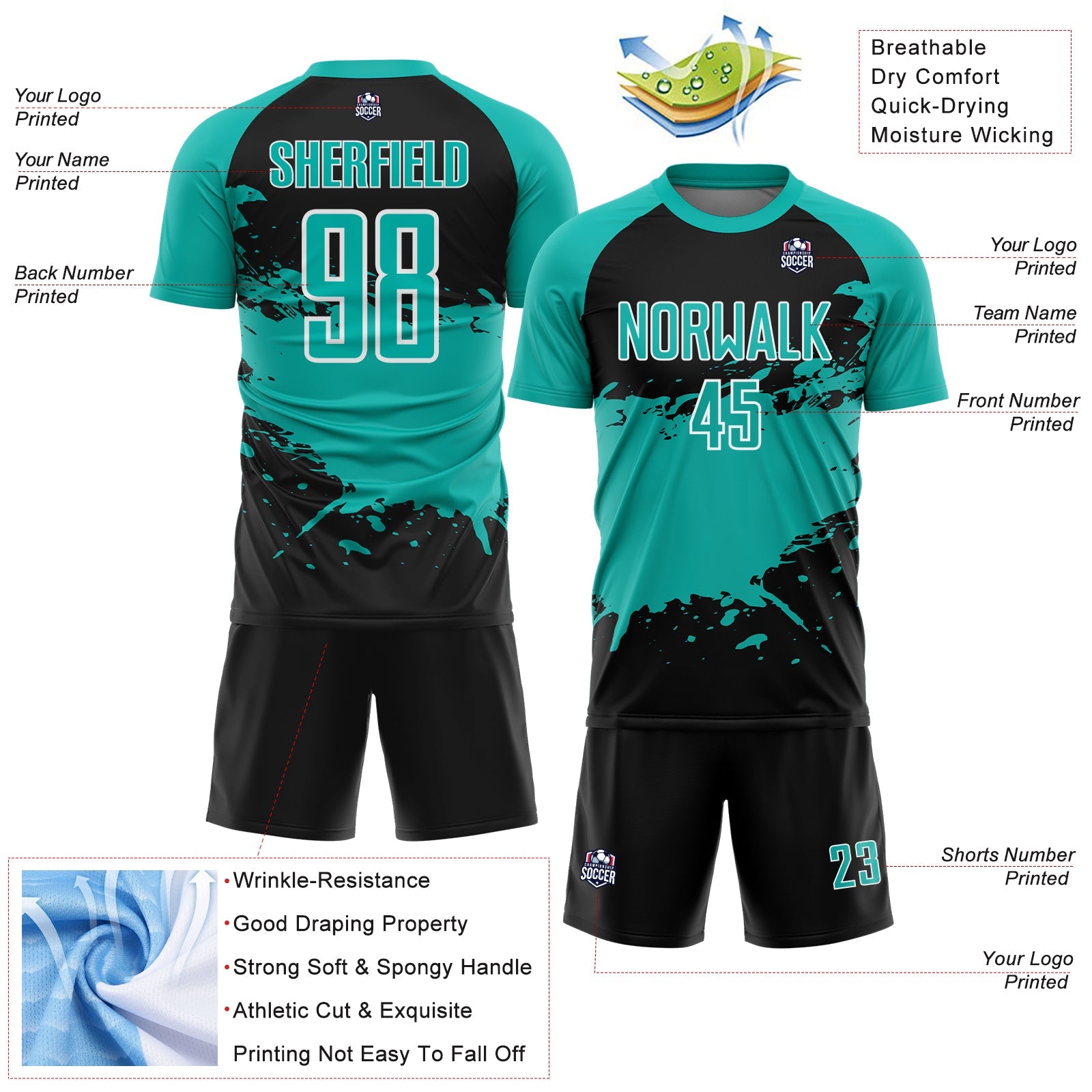 Custom Aqua Black-White Splash Color Block Sublimation Soccer Uniform Jersey view 4