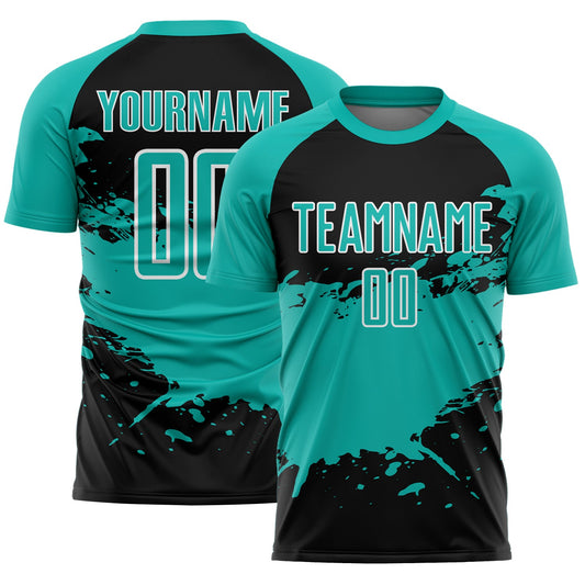 Custom Aqua Black-White Splash Color Block Sublimation Soccer Uniform Jersey - Main View